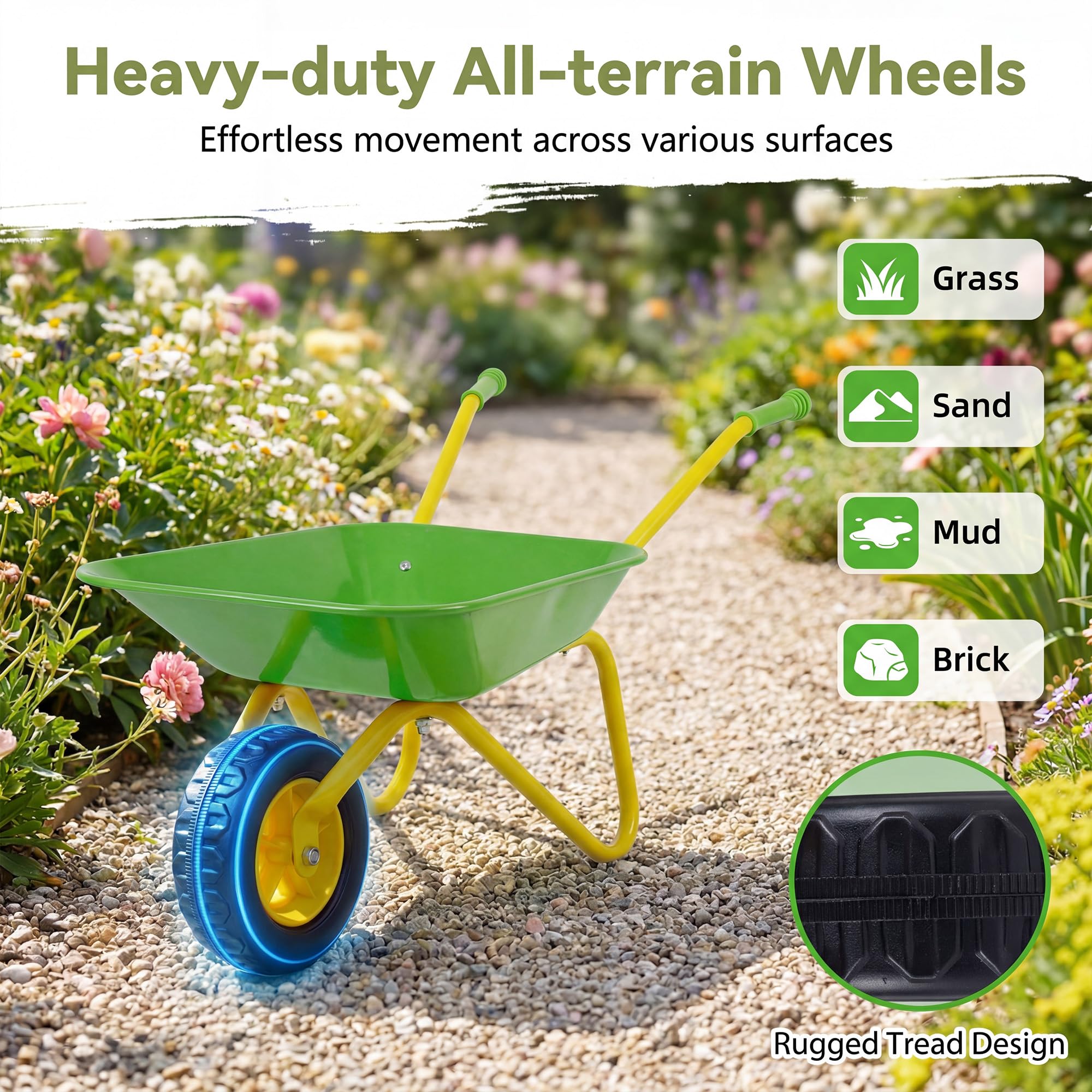 KOMFOTTEU Carretilla para Niños, Carrito de Playa Infantil con Rueda Todoterreno, Asa Antideslizante y Estructura Metálica, Carretilla de Juguete Exterior para Jardinería, Niños 3+ Años