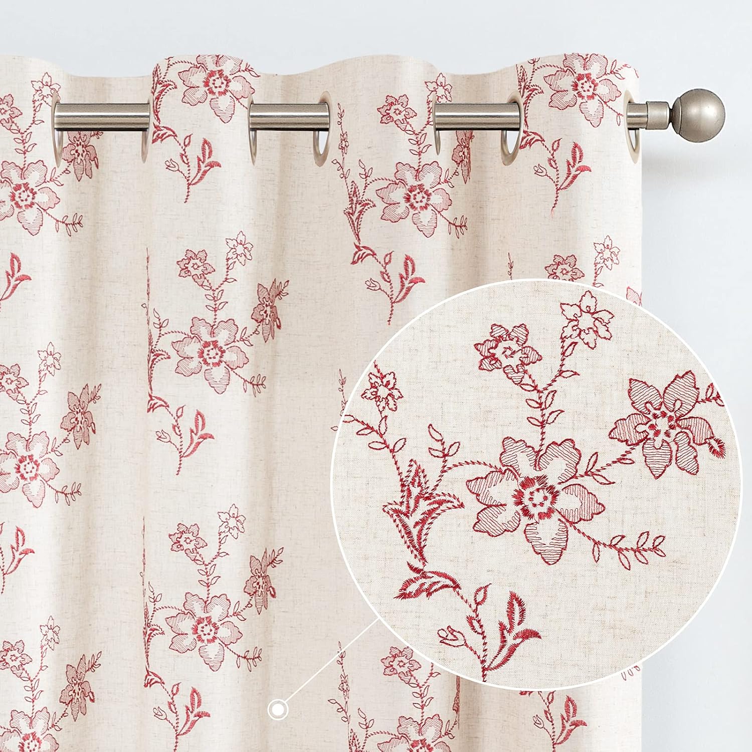 Topick Linen Textured Pink Window Curtains Floral Embroidery Design Living Room Curtain Panels Bedroom Grommet Window Drapes One Pair 63 inch : Home & Kitchen