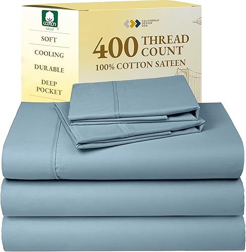 Vista 244 de Juego de sábanas de 400 hilos y 6 piezas, tamaño King, con 4 fundas de almohada, ropa de cama de 100 % algodón con tejido satinado, color azul 12