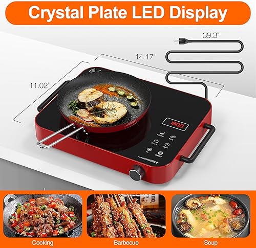 Miniatura 8 de VBGK Placa de cocina eléctrica, 1800 W con 2 asas, placa eléctrica para cocinar, estufa eléctrica con 9 niveles de potencia, temporizador de 4 horas