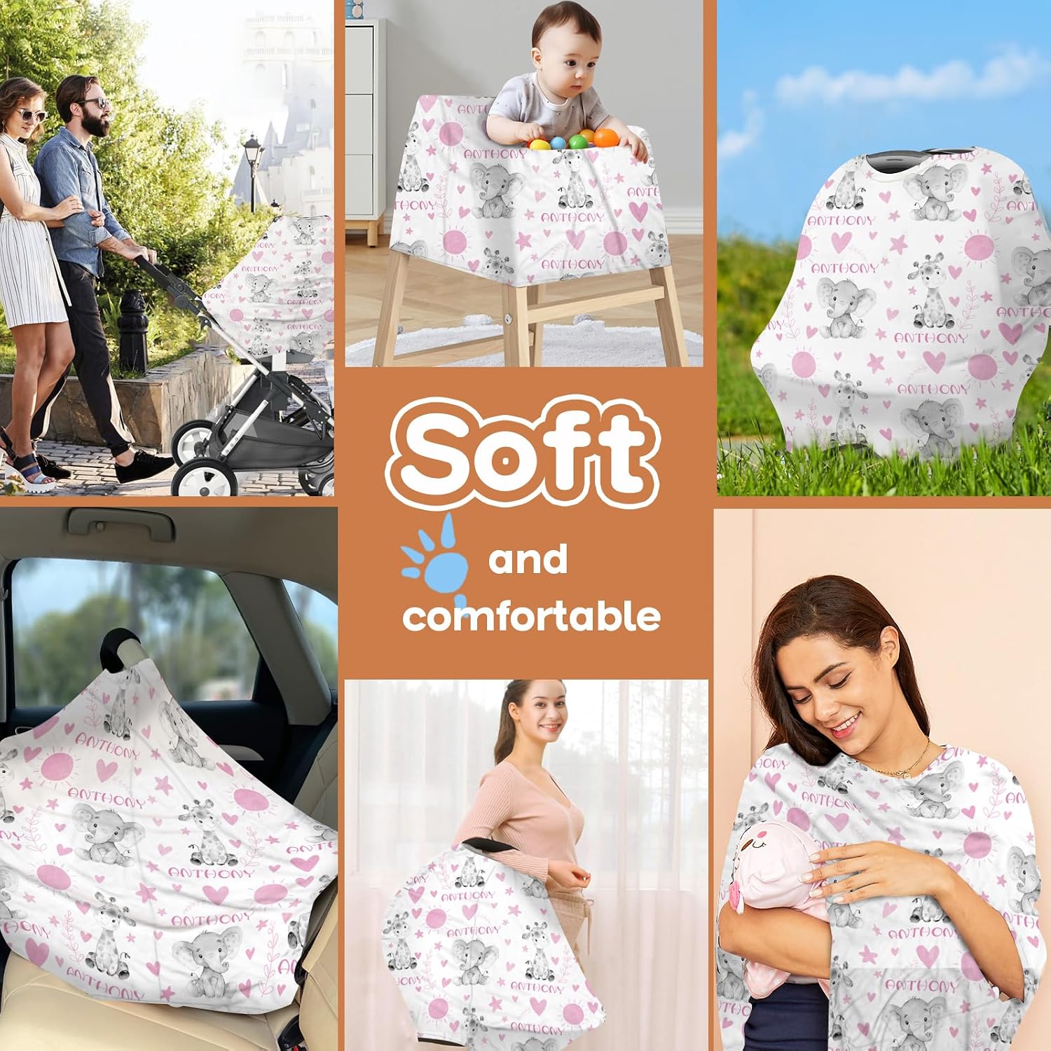 Personalized Baby Car Seat Cover Stroller Canopy: Custom Name Newborn Baby Boy Girl Elastic Animals Nursing Cover for Moms First Birthday Gift Elephant(one Size)