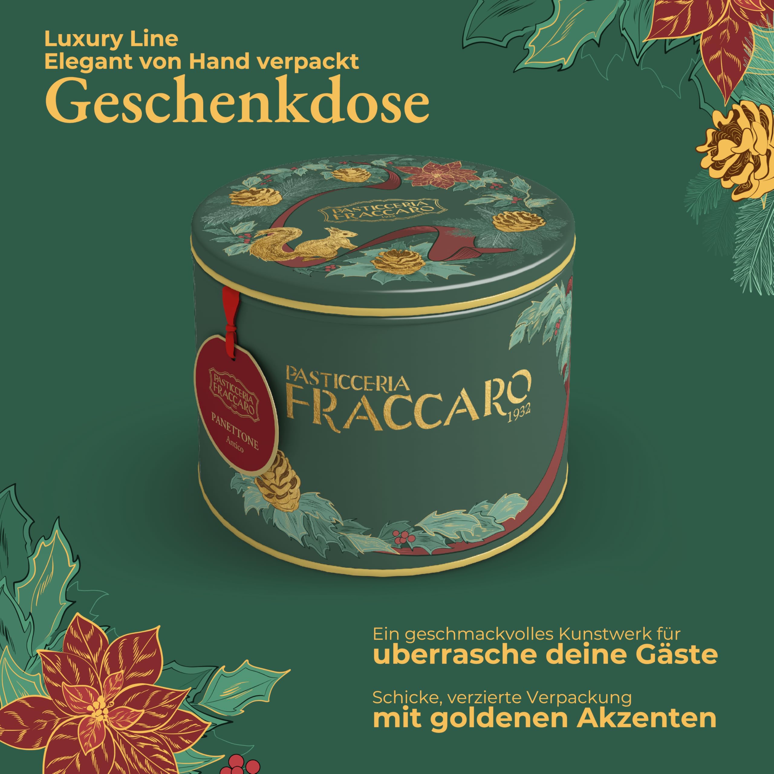 Artisan Panettone 1 kg – Klassischer Panettone, Pasticceria Fraccaro 1932, mit kandierten Früchten und Rosinen, natürlich gesäuerter Mailänder Panettone mit Mutterhefe, Tin Line