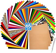 Ohuhu 65 Pack Heat Transfer Vinyls, with 50pcs 20 Assorted Colors HTV Vinyl Sheets, 4 Leopard Pattern HTV, 4 Camouflage Iron on Vinyl, 4 Fluorescent Color Heat Transfer Sheets Vinyl and 3 Teflon Sheets for DIY Iron-on Fabrics T-Shirts with Heat Press Machine & Craft Cutter Machine