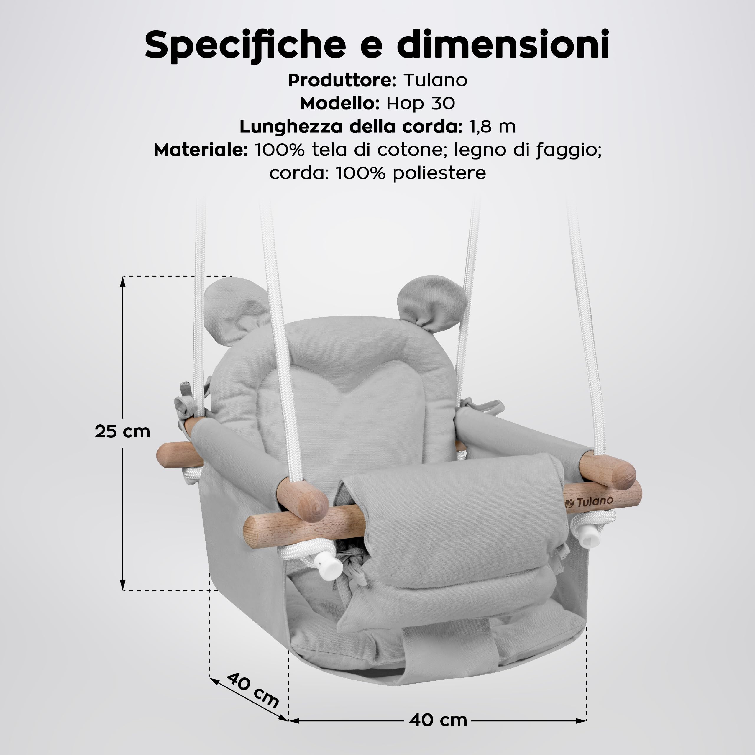 Tulano Hop 30 Altalena per bambini 6-36 mesi - Per interno ed esterno - Con cintura di sicurezza e cuscino - In legno e cotone - Facile da installare - Resistente fino a 36 kg – Grigio