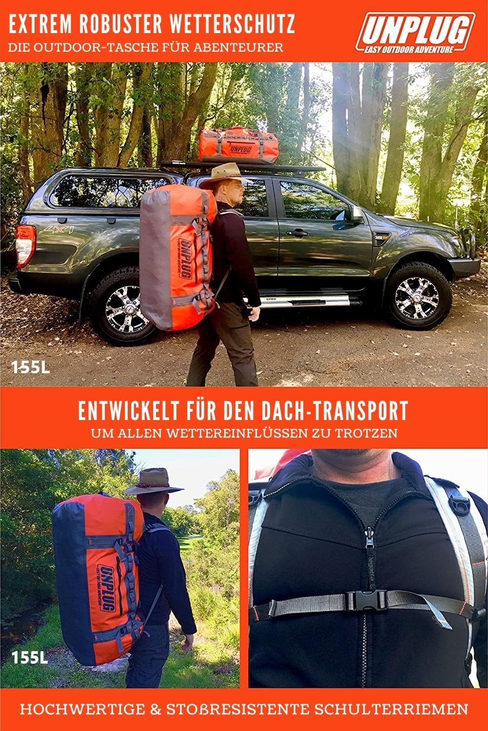 Unplug Ultimate Adventure Bag | 1680D strapazierfähige wasserdichte Seesack | wasserdichte Seesack für Camping, Motorrad, Trockentasche, Jagdtasche, Abenteuer-Sporttasche, wasserdichte Tasche