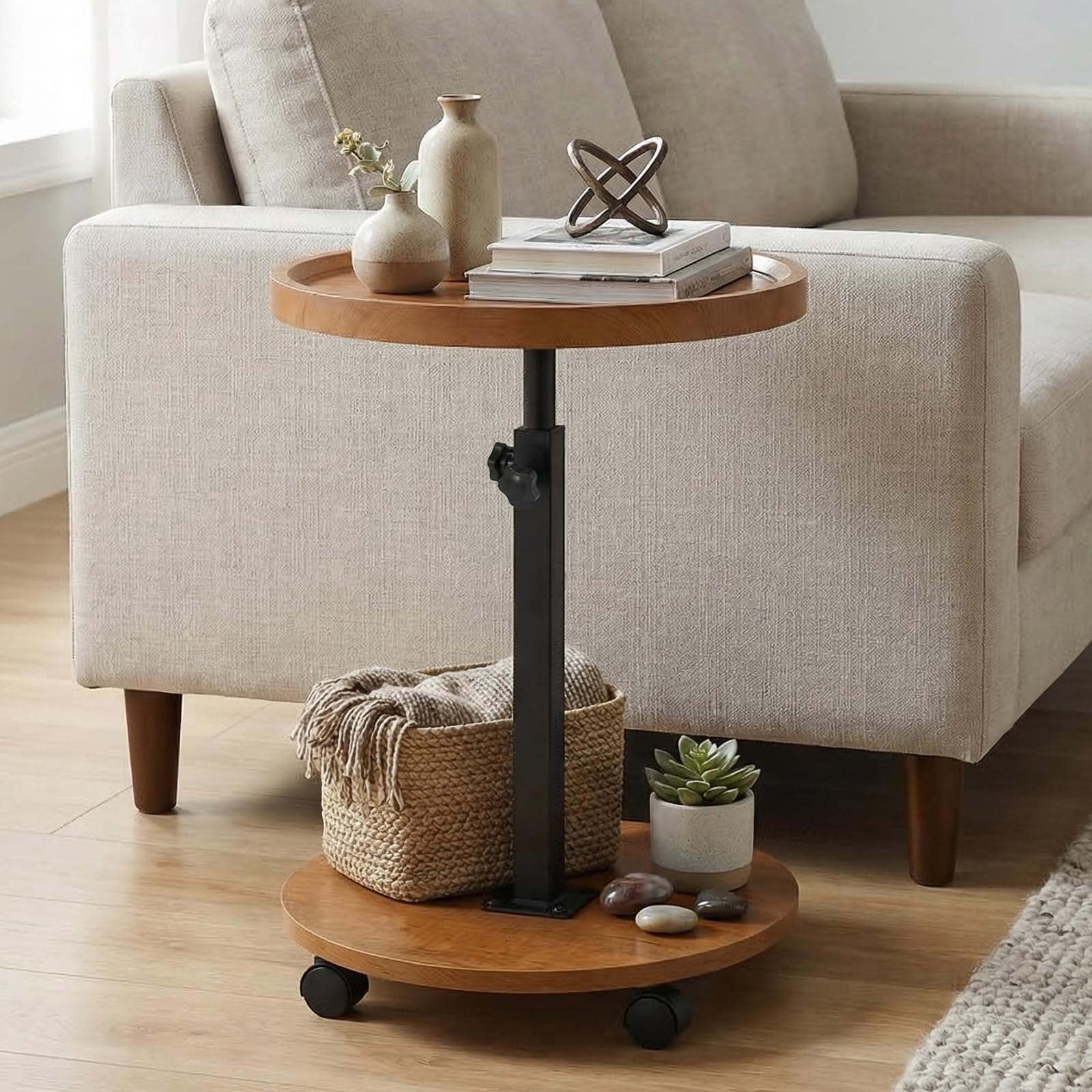 Mesa auxiliar de altura ajustable, mesa auxiliar giratoria de 360° con ruedas para sofá, dormitorio, oficina, sala de estar, mesas de café para espacios pequeños (color madera natural)