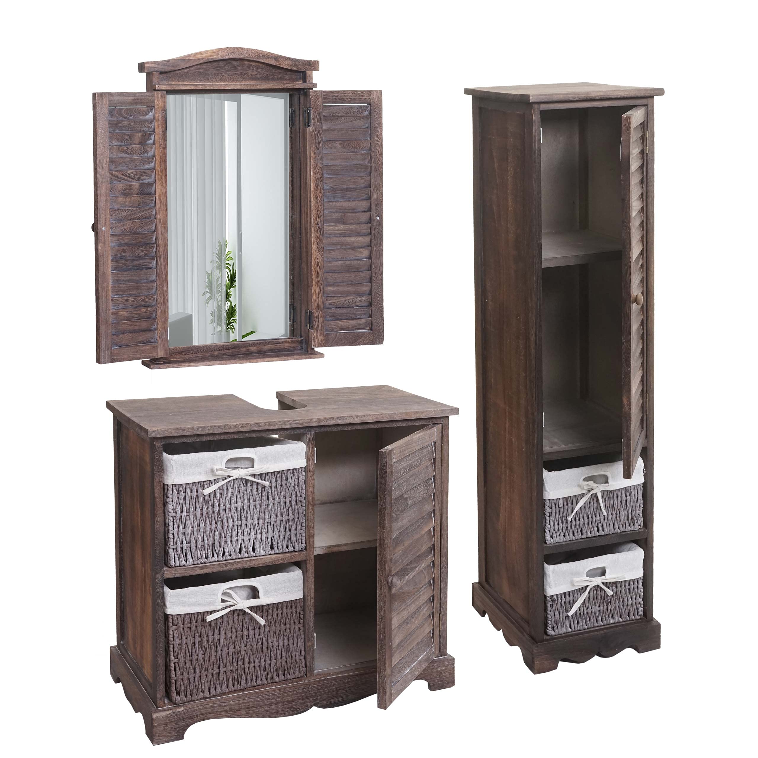 Mendler Badezimmerset HWC-H20AM, Badmöbel-Set Hochschrank Waschbeckenunterschrank Wandspiegel - Shabby braun