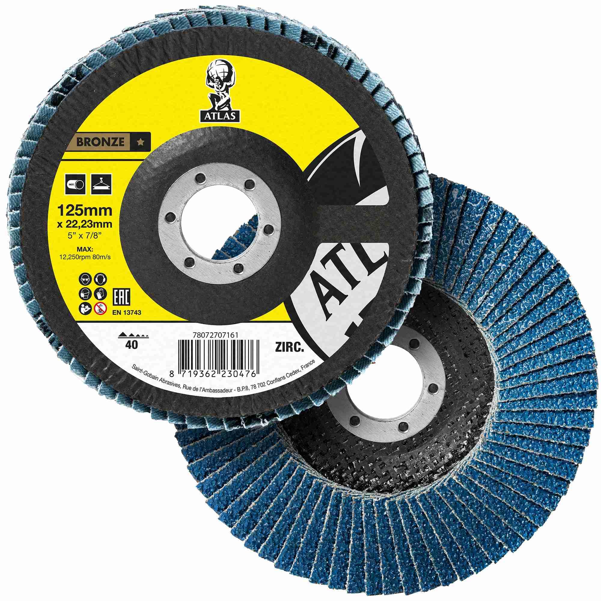 Disco a lamelle in ossido di zirconio Saint Gobain Atlas KX663 conico | 125 x 22,23 mm | Grana: 40 | 25 pezzi