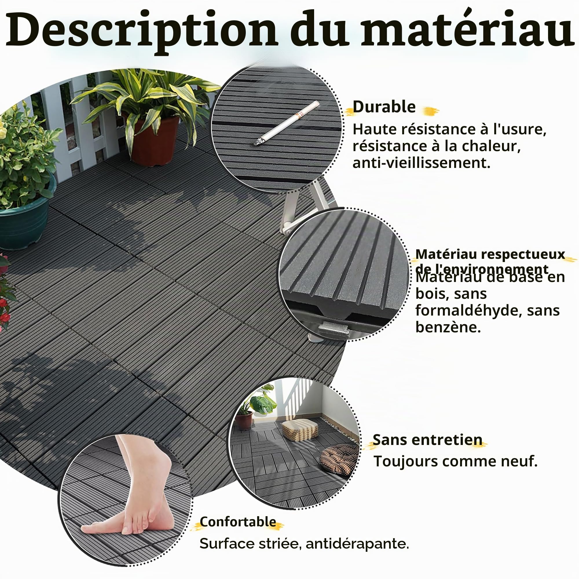 LZQ Dalles de terrasse clipsables en bois composite 30 x 60 cm 1 m² au total Anthracite Aspect bois Dalles étanches pour jardin, balcon et terrasse