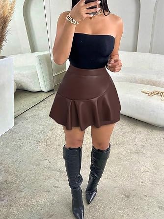 PU Leather Shorts for Women High Waisted Split Hem Mini Skort Bodycon Skirts