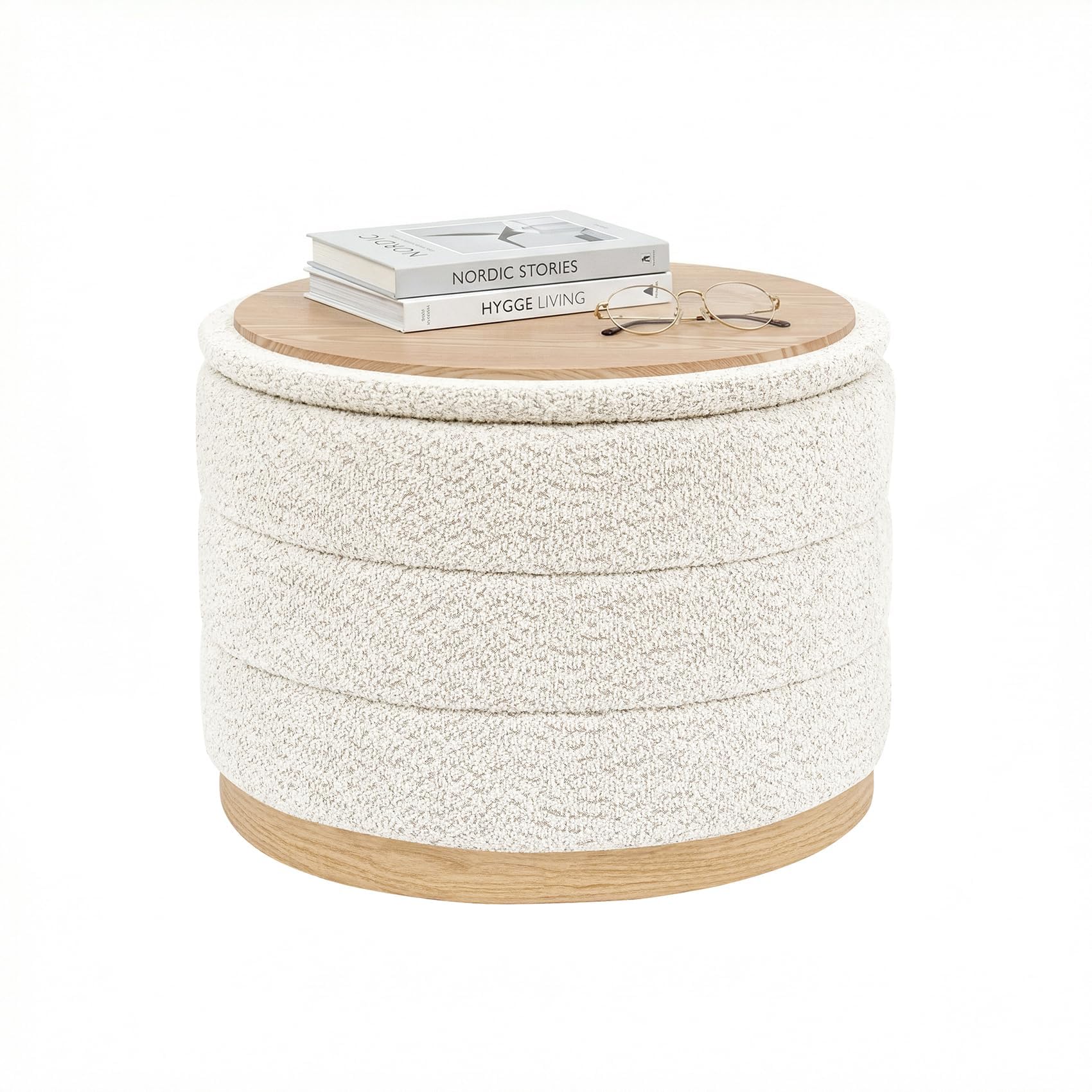PINPLUS Round Chenille Storage Ottoman, Tray Top, 58x58x44 cm, Cream White