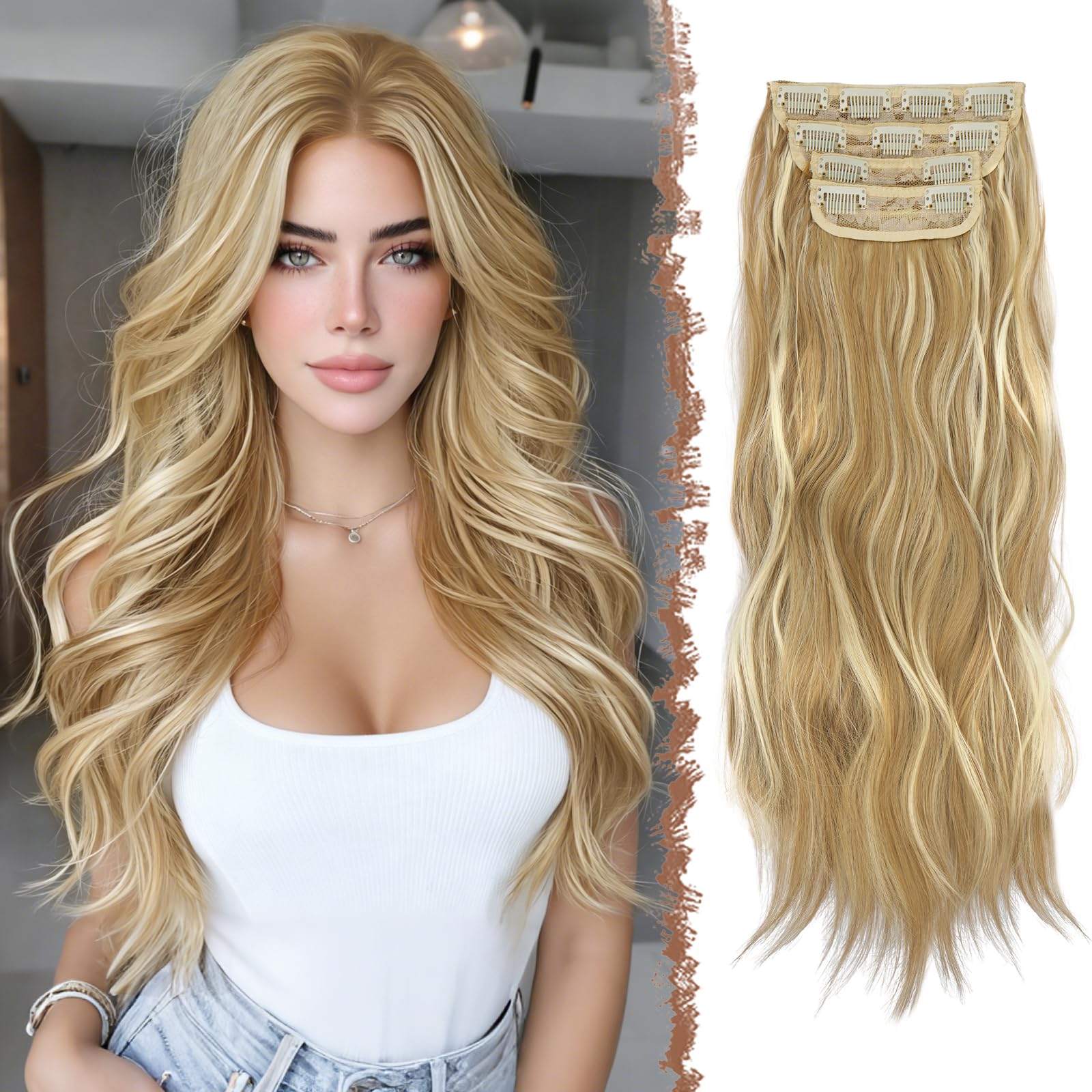 FESHFEN Clip in Extensions, 50cm 4 Stücke Lange Gewellte Hair Extensions Kunsthaar Natürliche Clip in Haarverlängerung für Frauen