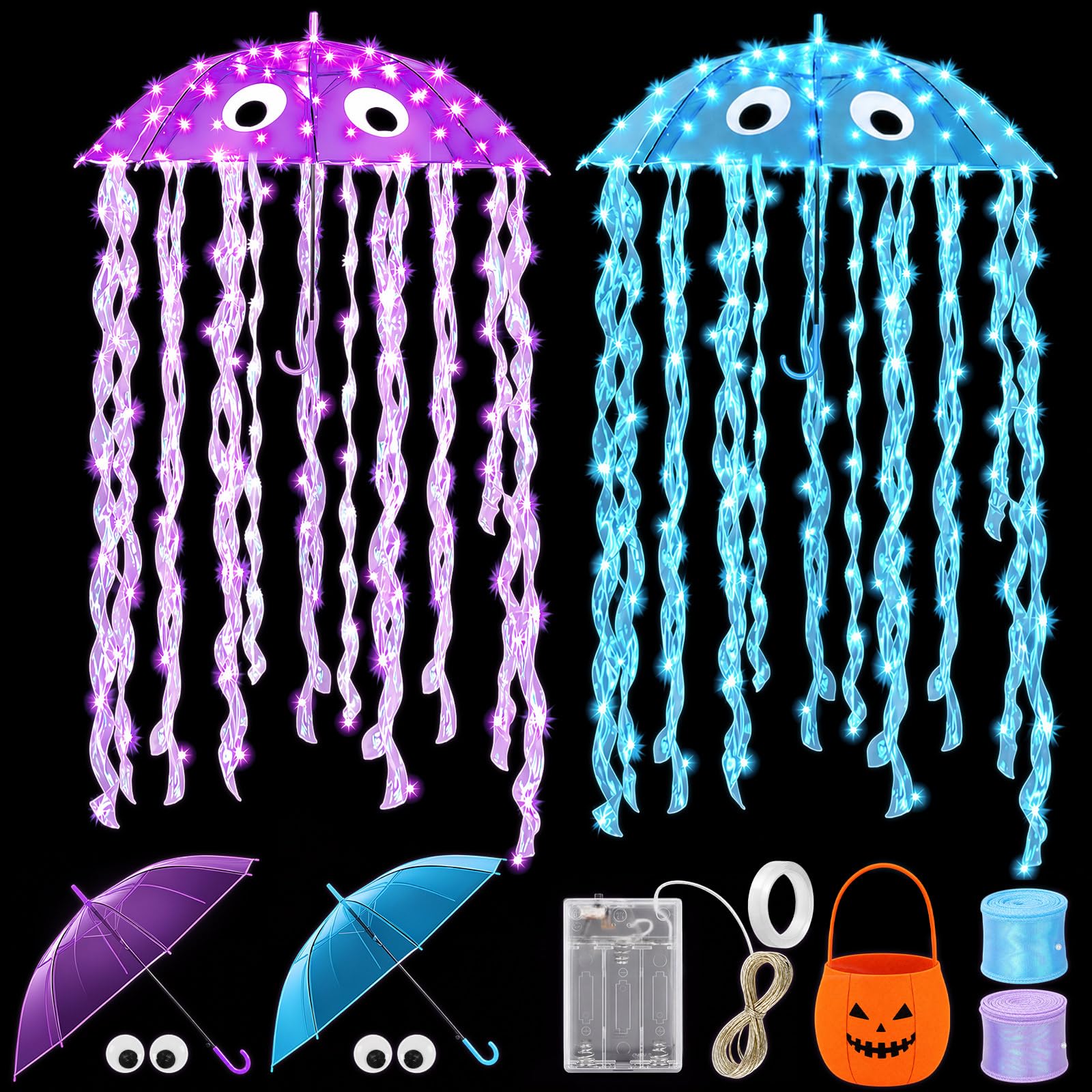 Capoda 2 Set Halloween Jellyfish Umbrella Costume DIY Kit, Light up Purple Blue Jellyfish Costumes with Lights Iridescent Ribbon Googly Eye Pumpkin Bag for Women Adult Halloween Cosplay Trick or Treat