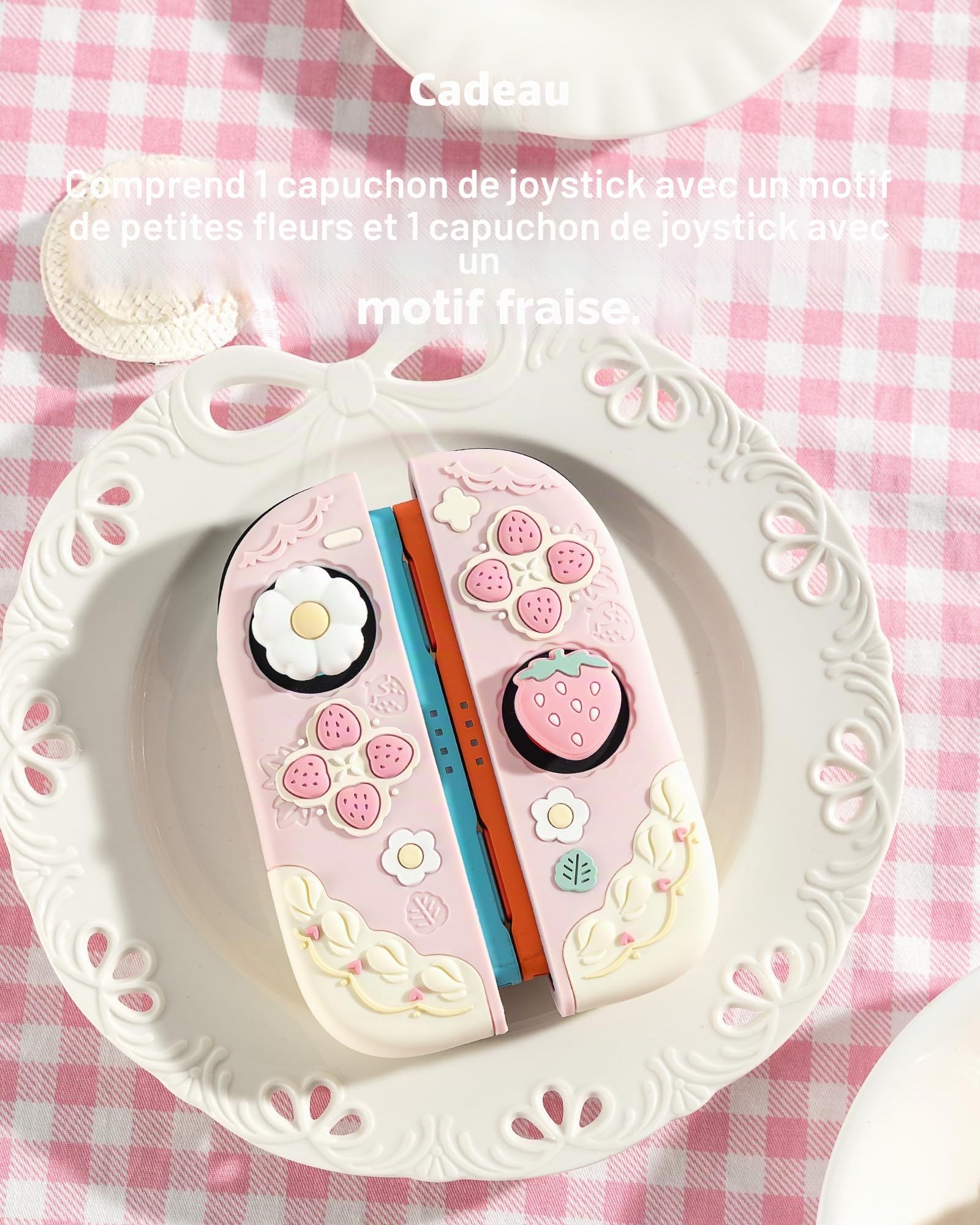 GeekShare Coque de protection en silicone souple compatible avec Switch 2 - Coque de protection séparable avec 2 capuchons pour les pouces - Fraises avec crème (rose)