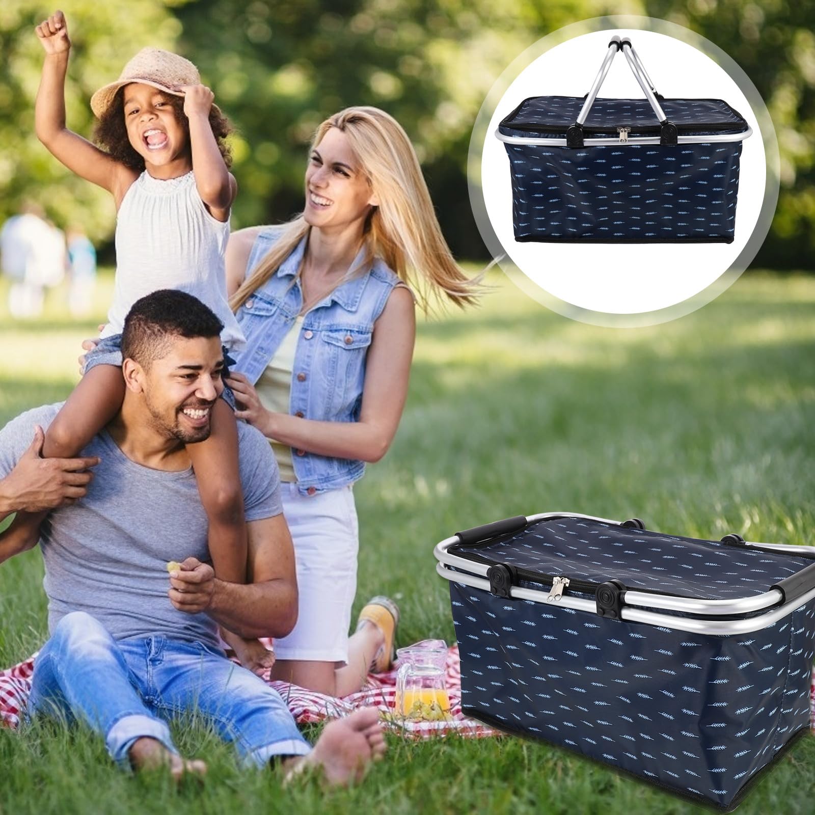 FOMIYES Paquet Isotherme 30l Portable pour Repas à Emporter, Grand Paquet de Pique-niques Bleu Motif Plume, Maintien Chaud Frais, Glaciere Souple pour Livraison et Usage Extérieur