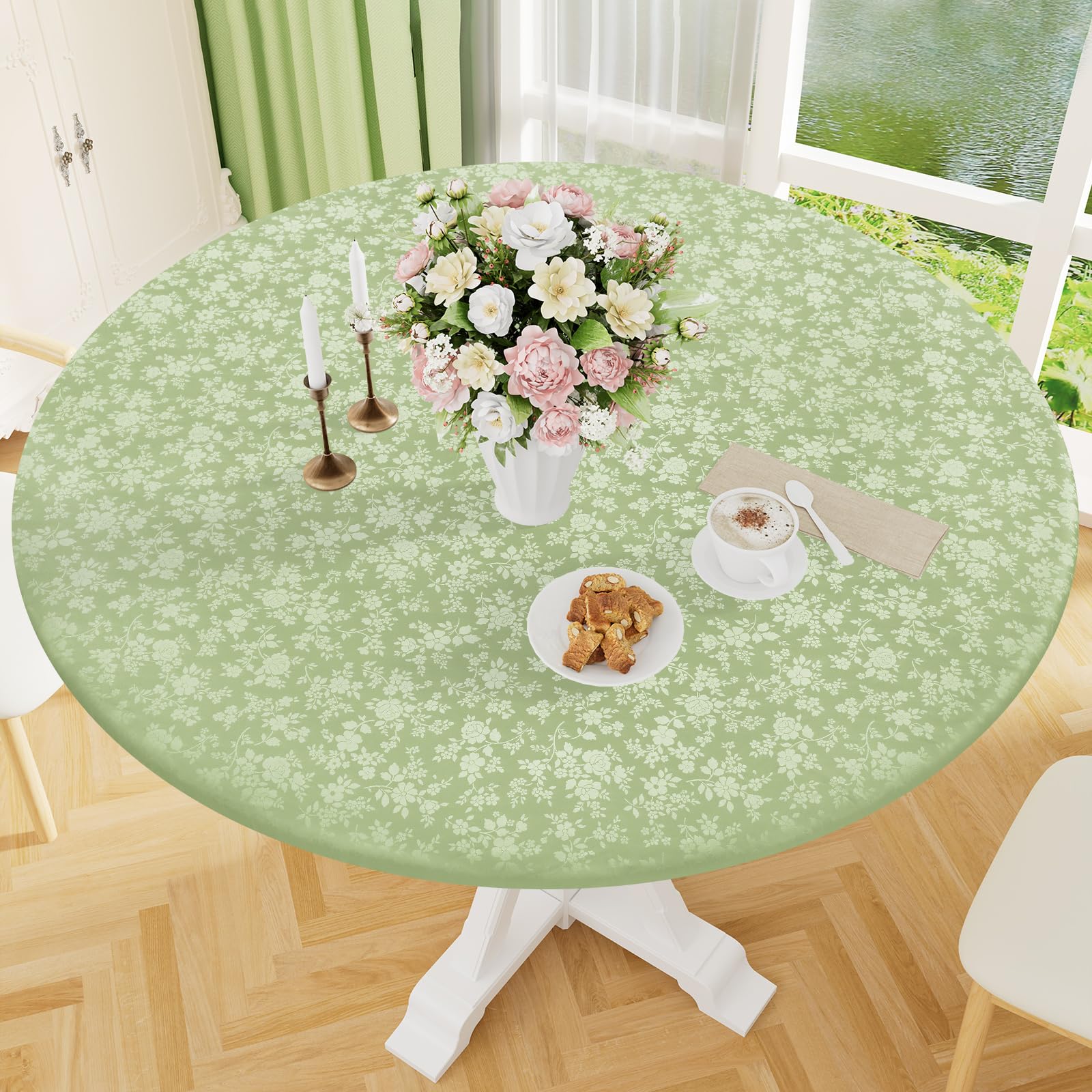 Smiry Waterproof Heavy Duty Vinyl Fitted Tablecloth for 45"-56" Round Table