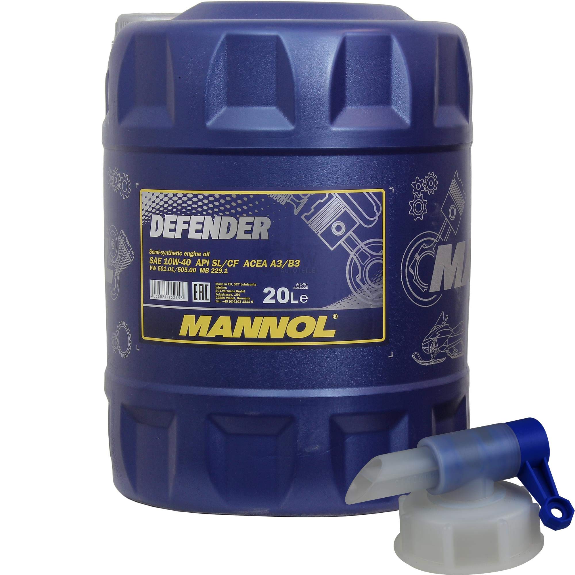MANNOL Defender 10W-40 API SL/CF MN7507-20 Olio per motore, 20 litri, con rubinetto di scarico