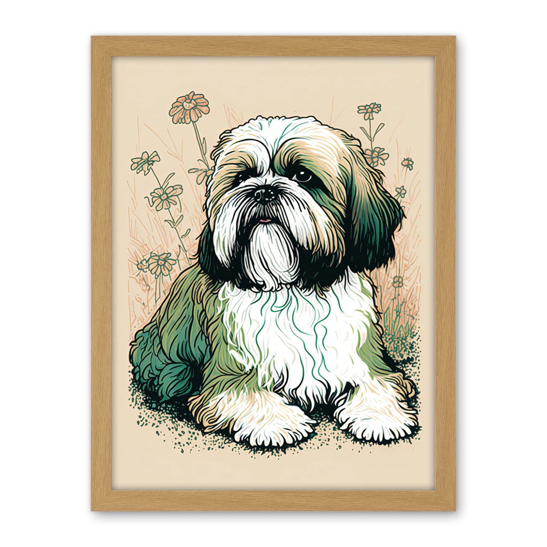 Artery8 Shih Tzu Dog with Daisies Modern Multicoloured Linocut Illustration Artwork Framed Wall Art Print 18X24 Inch