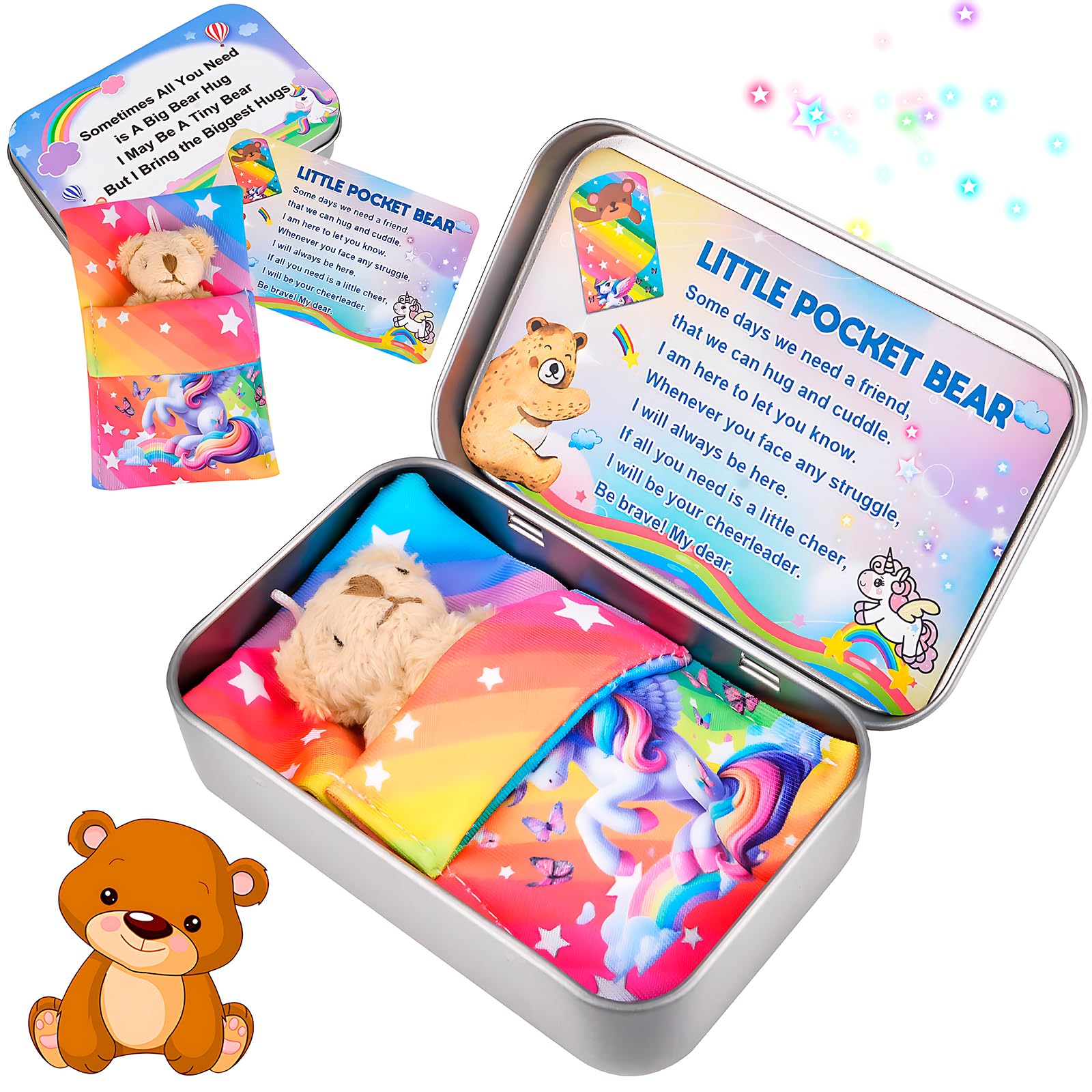 Little Pocket Worry Bear Hug in a Tin Box, Positive Worry Bear Unicorn in a Box with Encouragement Card, Mini Stuffed Emotional Support Gift Bears Stocking Fillers Women