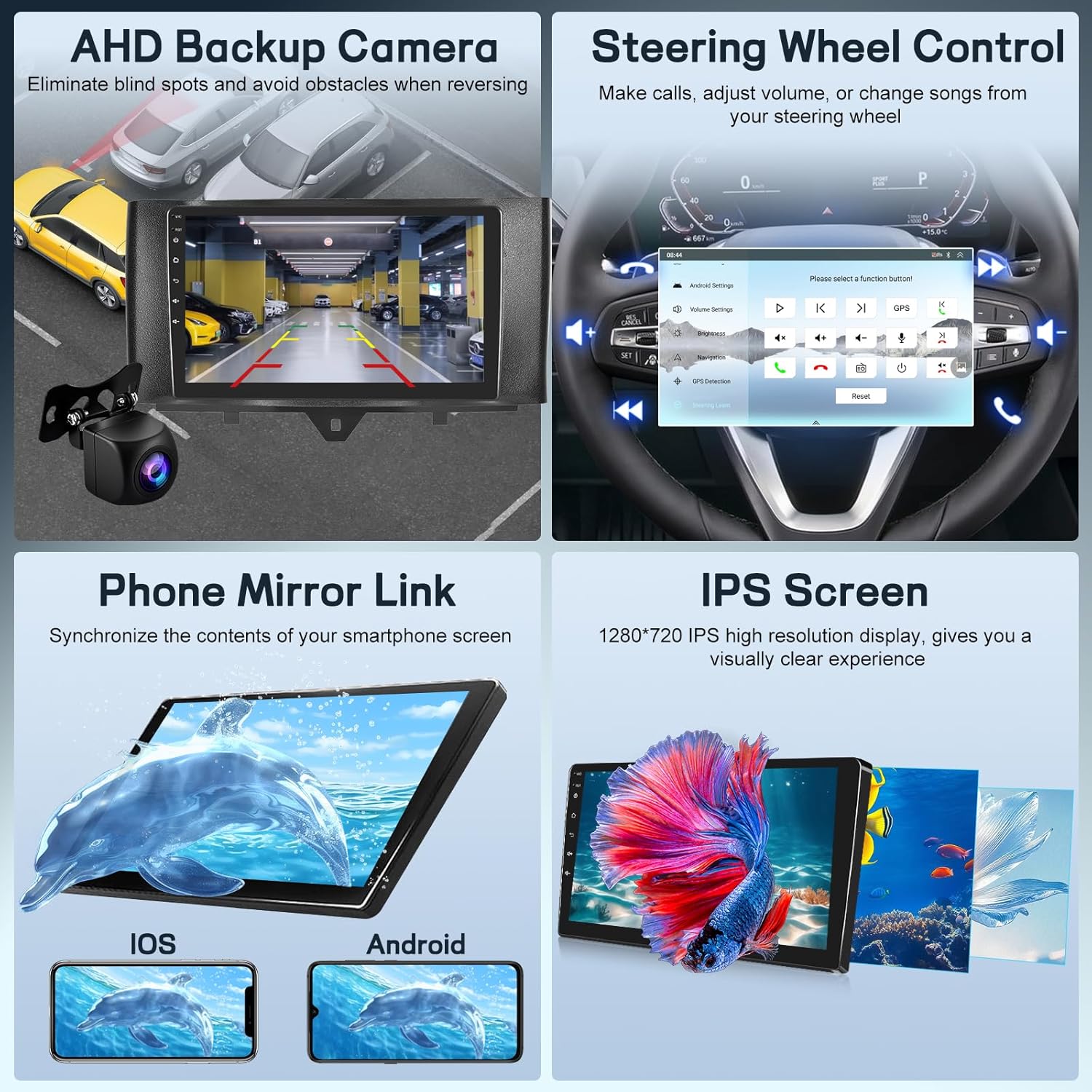 AHD Backup Camera, Steering Wheel Control, Phone Mirror Link, IPS Screen