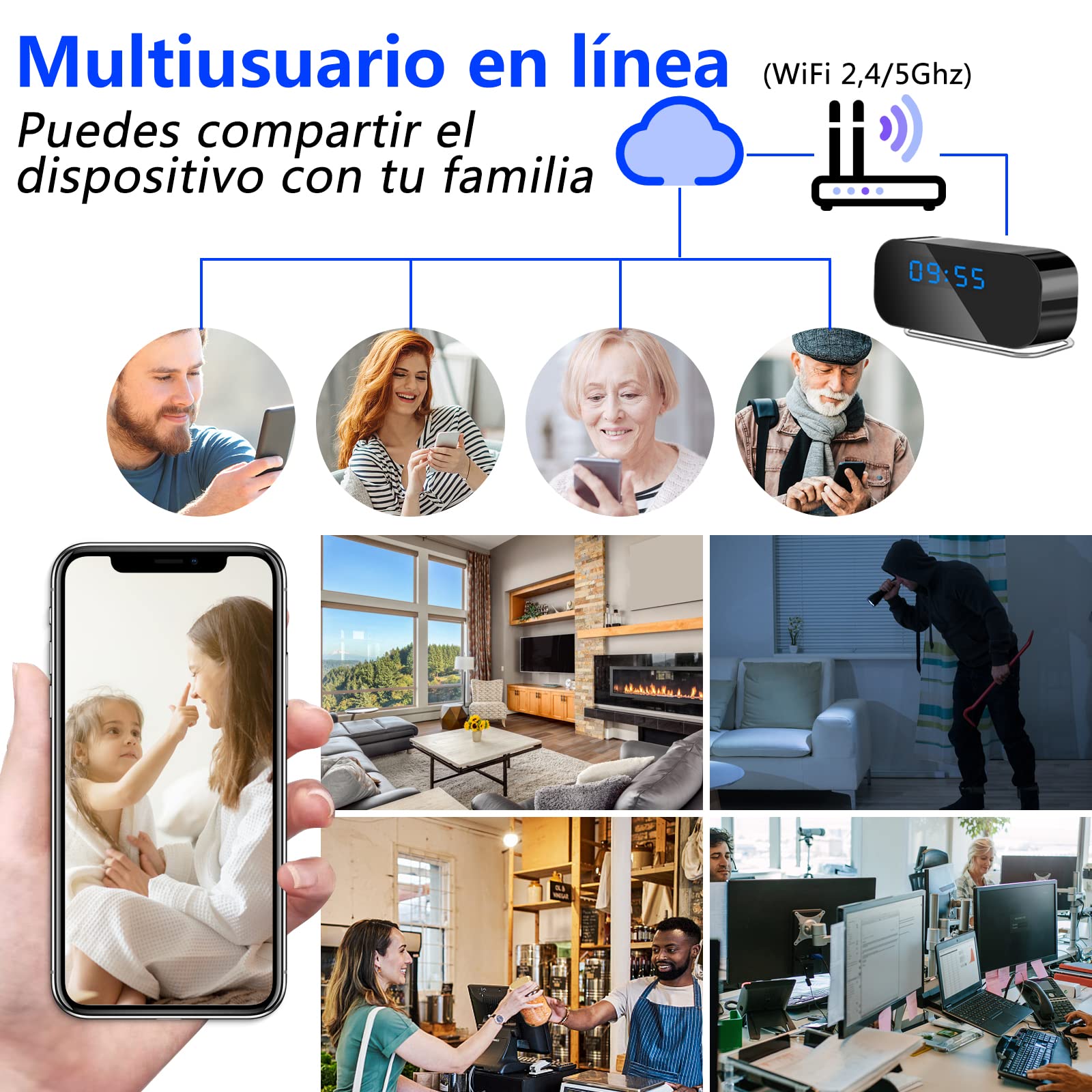 Cámara Oculta WiFi de 2,4/5 GHz, Mini Cámara Espía Oculta HD 1080P | Cámara Oculta en Reloj, Cámara Espía Oculta WiFi de 120°, Visión Nocturna, Detección de Movimiento, Visualización Remota