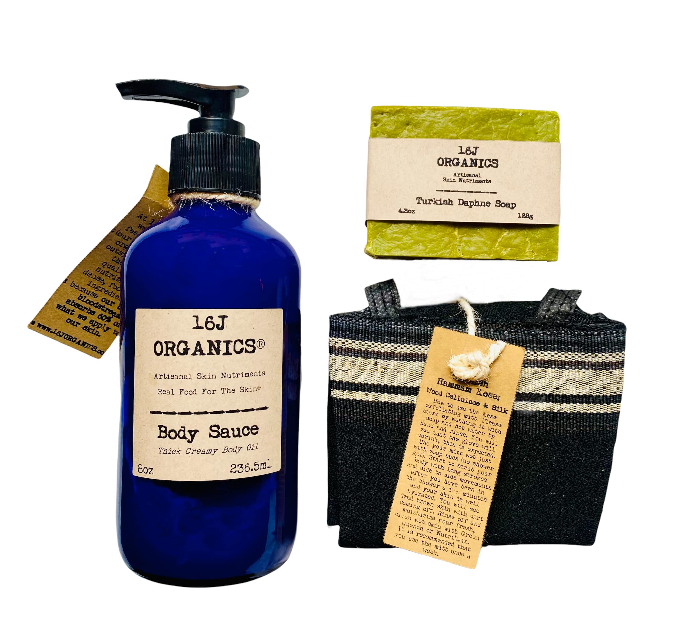 Spa Set - Turkish Bath Hammam Inspired - Organic 100% Natural 8oz Body Sauce, Creamy Body Oil Moisturizer - Traditional Kese Scrub Mitt - Artisan Rustic Daphne (Aleppo/Laurel) Soap