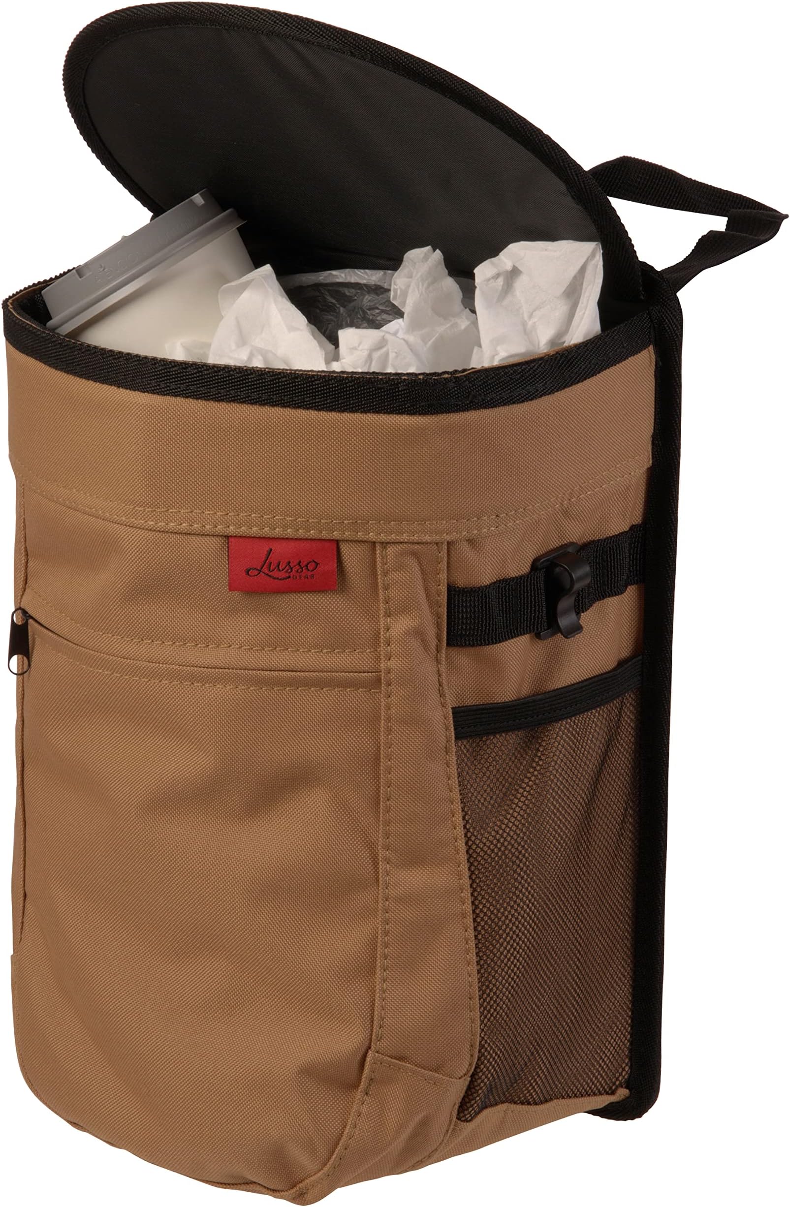 - Lusso Gear Spill-Proof Car Trash Can - Easy to Clean Hanging Garbage Bin - Leak-Proof Lid, Removable Liner, Waterproof - Keeps Truck, SUV, Car, Minivan Clean & Odor Free - 2.5 Gallon Tan Car Trash Can