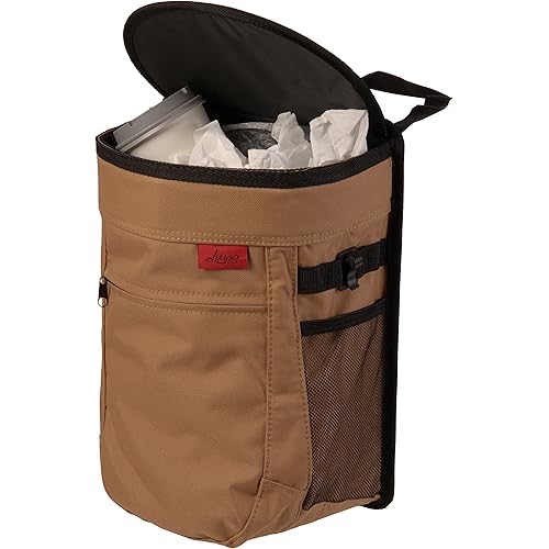 Lusso Gear Spill-Proof Car Trash Can - Easy to Clean Hanging Garbage Bin - Leak-Proof Lid, Removable Liner, Waterproof - Keeps Truck, SUV, Car, Minivan Clean & Odor Free - 2.5 Gallon Tan Car Trash Can