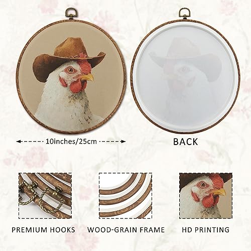 Miniatura 6 de DOFQZ Decoración de pared redonda de pollo occidental, arte de pared enmarcado del suroeste de campo, lienzo retro de pollo vaquero para colgar en