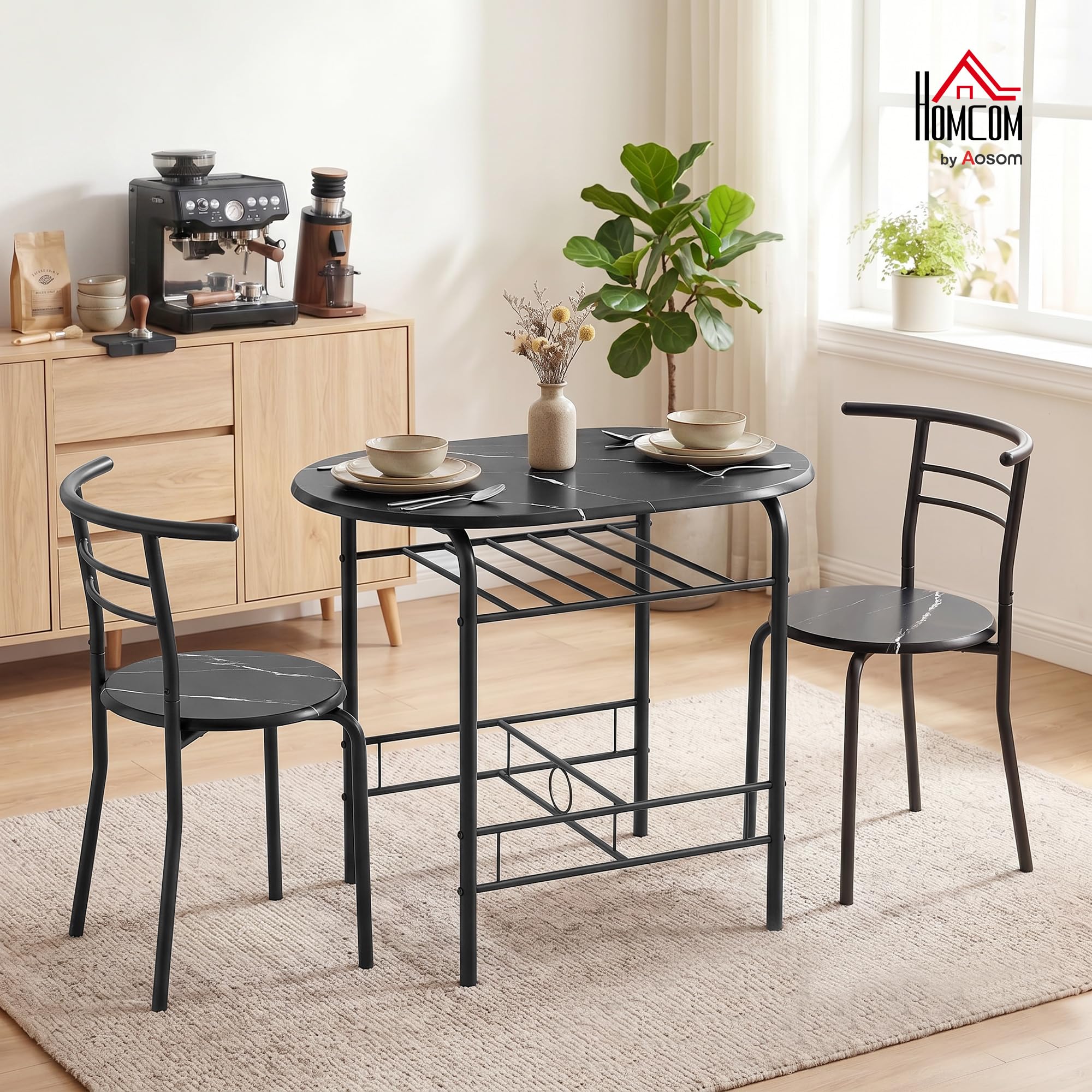 HOMCOM 3-Teilige Essgruppe für Kleine Räume Metallgestell Schwarz