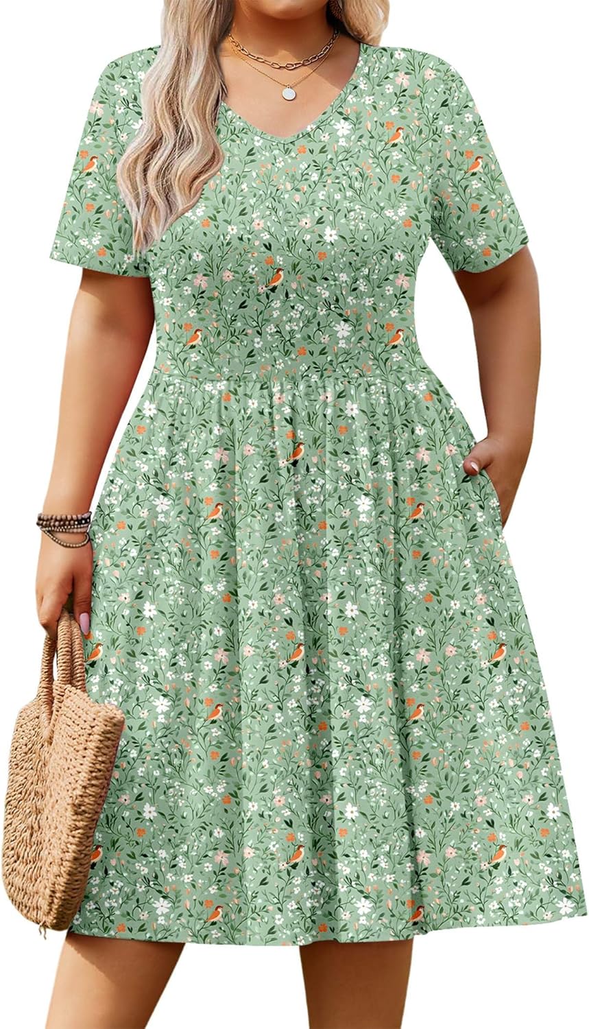 IN'VOLAND Women's Plus Size Short Sleeve Dress Summer Casual V Neck Knee Length A-Line Loose T-Shirt Dress with Pockets