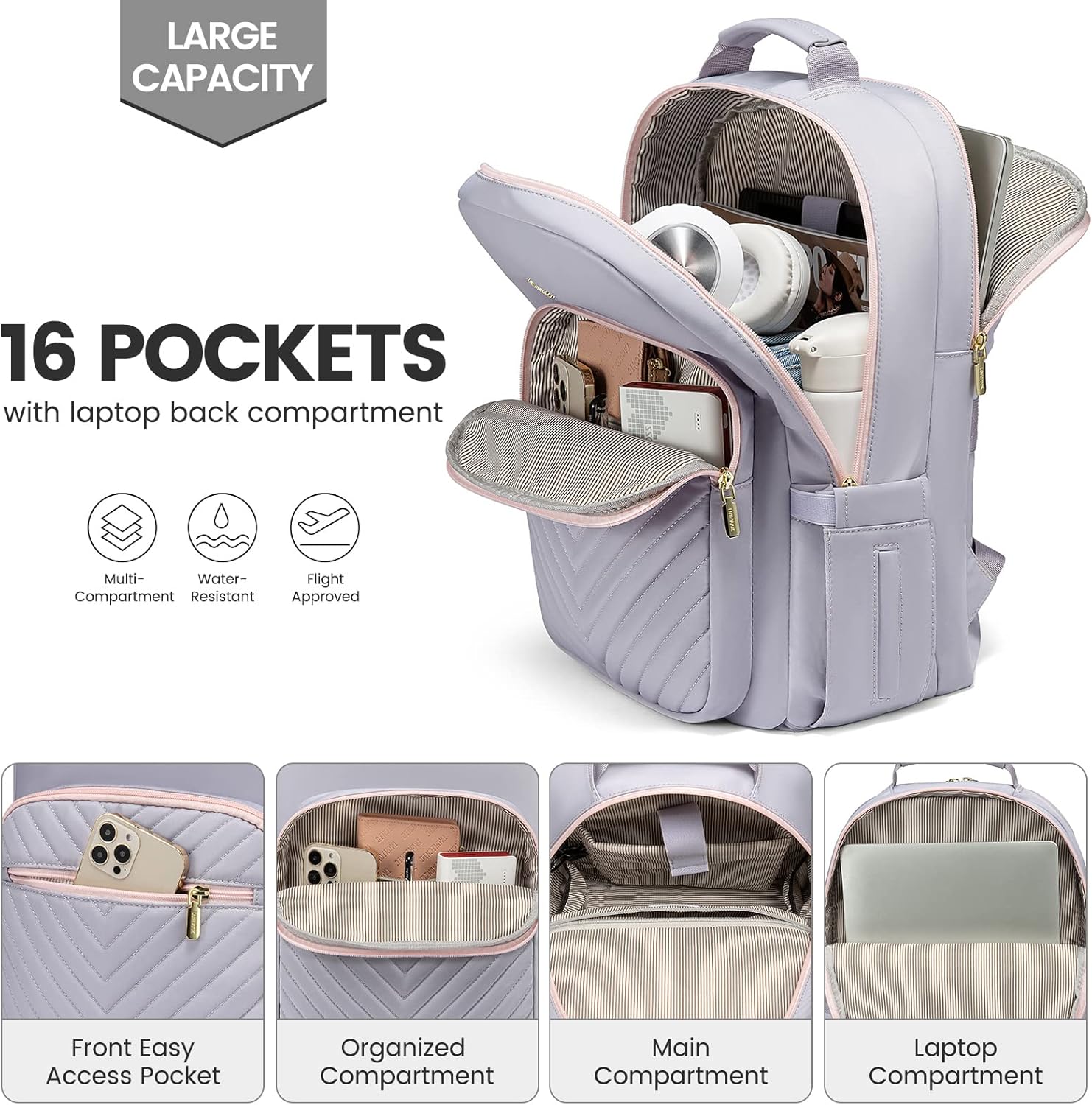 LOVEVOOK Laptop Backpack for Women 15.6 inch,Cute Travel Carry on Backpack Purse,Professional Computer Bag,Waterproof Work Business College Teacher Bag with USB Port,Grey Pink - Image 2