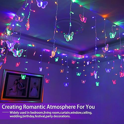 Miniatura 10 de Guirnalda de luces de mariposa azul con enchufe USB, 120 LED, 8 modos, 20 pies, luciérnaga, luces de carámbano parpadeantes, con temporizador