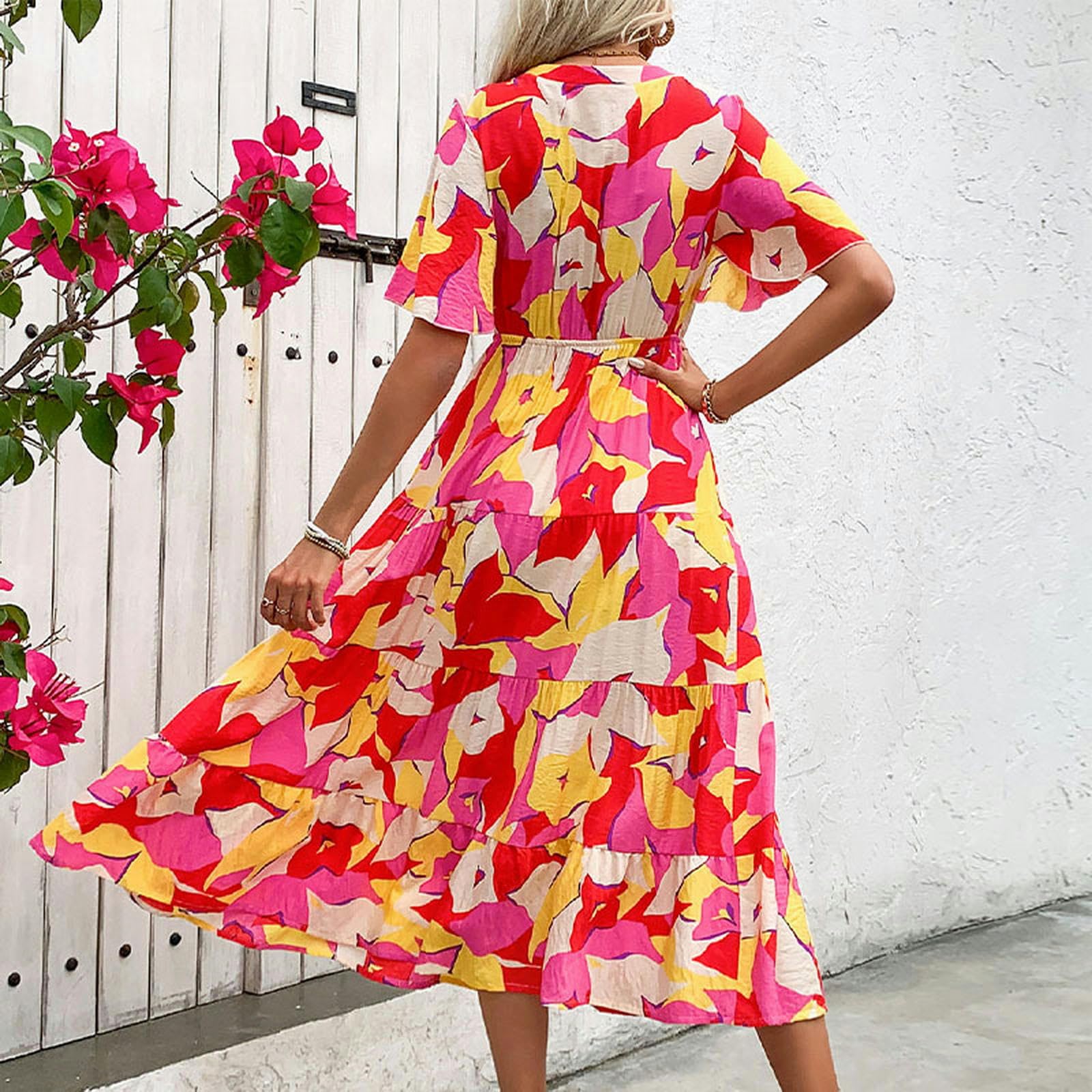 Vestido de manga corta con botones para mujer, con cinturón, casual, primavera, verano, playa, vestido de sol para mujer. YYEFNMAZ