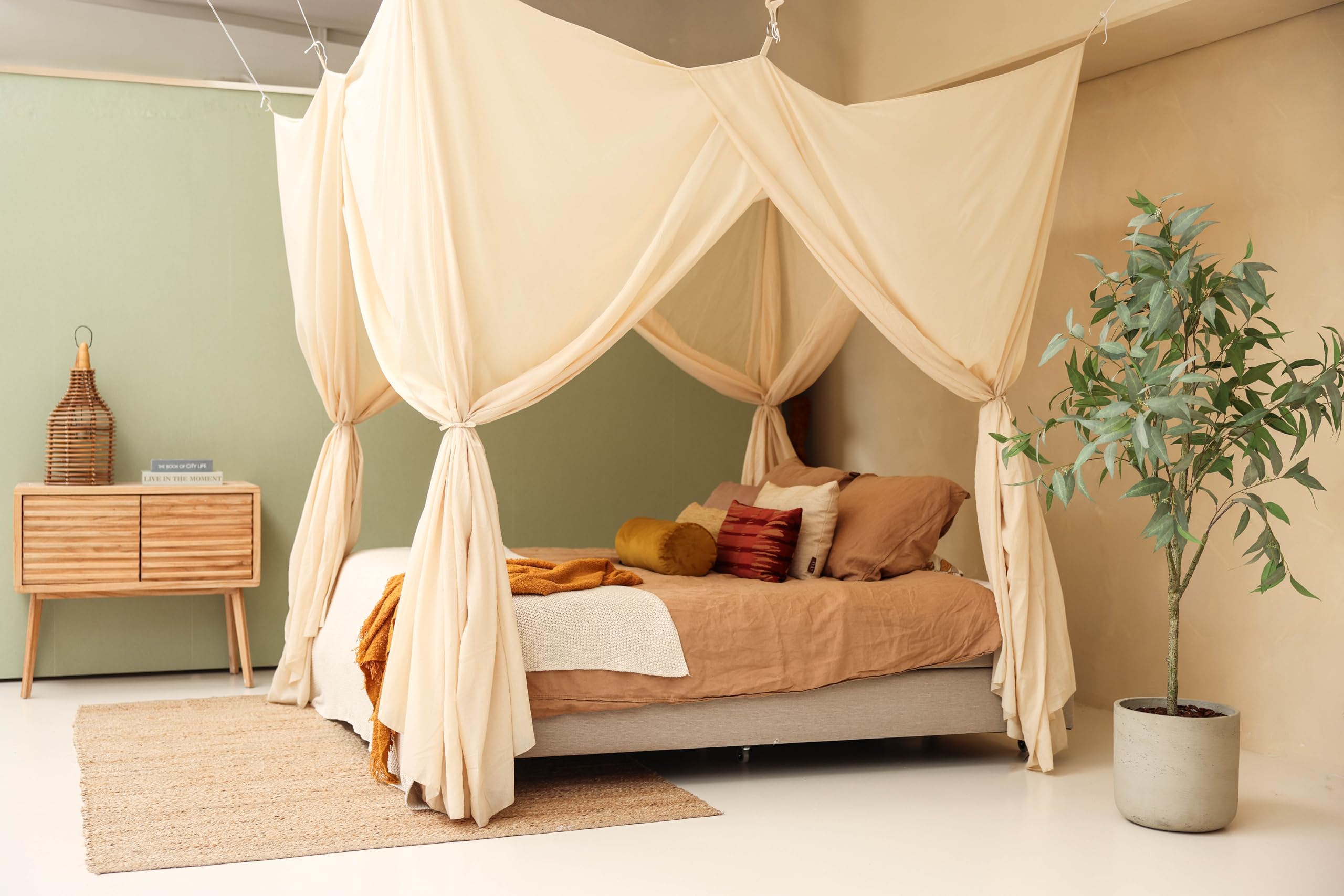 Cremebeiger Betthimmel für Doppelbett | Rechteckiges Moskitonetz Größen | Baldachin Bett für Teenagern & Erwachsenen | Himmelbett für Schlafzimmer