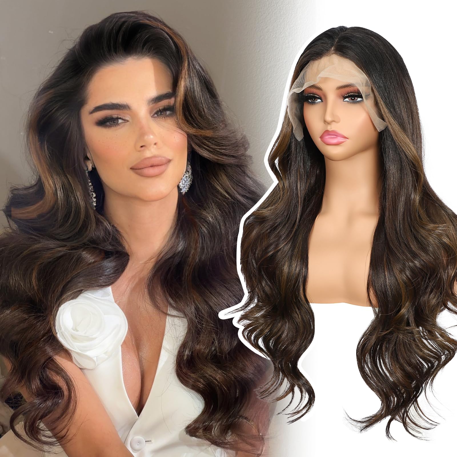 BABEHERS Synthetic Lace Front Wig for Women 13x4 Body Wave Dark Brown Highlight Wigs Pre-plucked Long Wavy 150% Density Heat Resistant Hair Daily Use