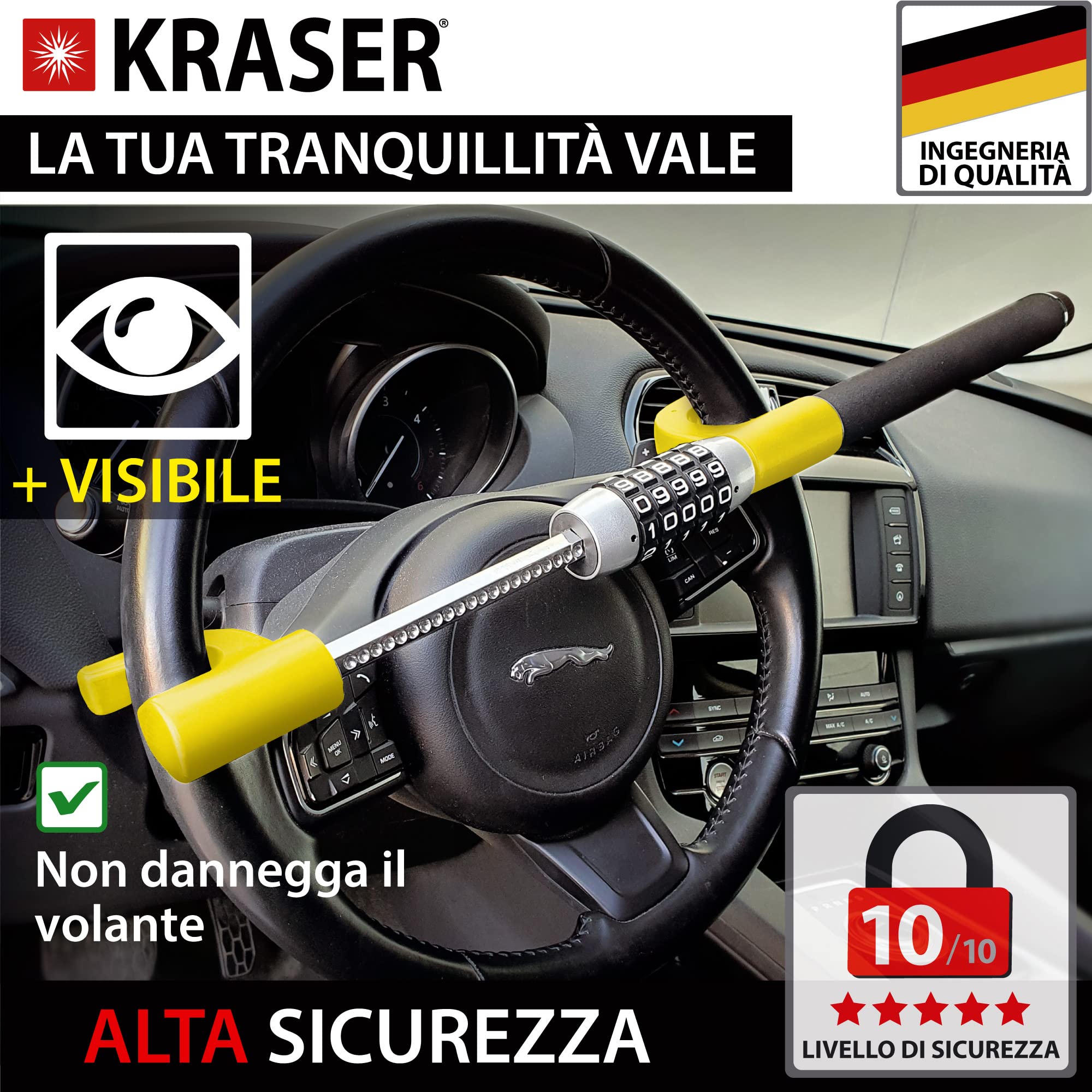 KRASER KR940B Antifurto Auto con Codice Massima Sicurezza, Blocca Sterzo Giallo Più Visibile e Deterrente, Robusto Blocca Volante con Martello Emergenza, Bloccasterzo Universale Automobile Camper