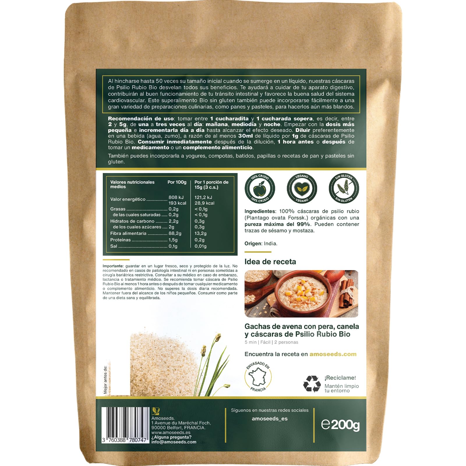 Psilio Rubio BIO 200G | Cáscaras Psyllium Orgánico, Máxima Pureza 99% | 88% de Fibra, Tránsito, Digestión, Sin Gluten | Primera Calidad