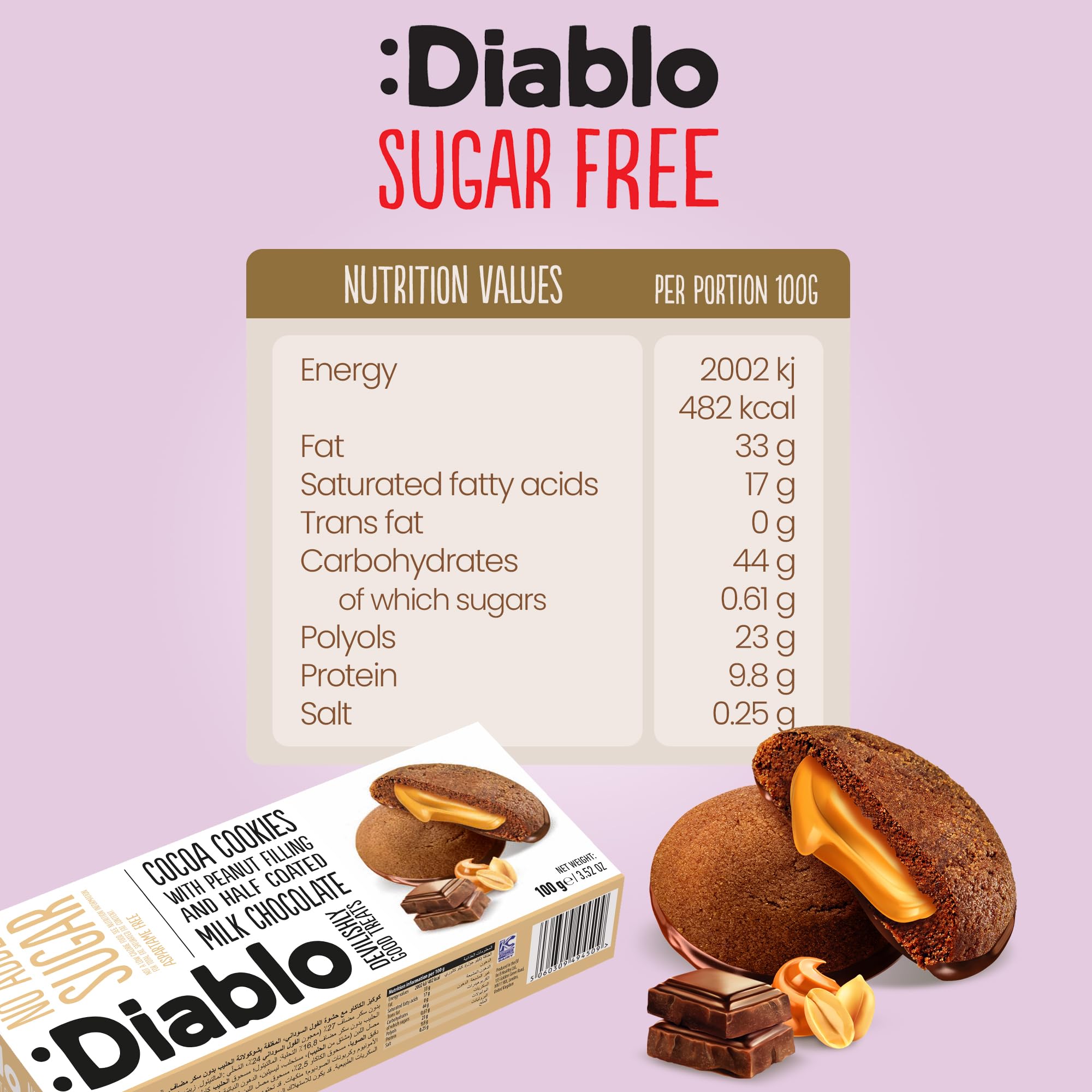 Diablo No Added Sugar Cocoa Cookies with Peanut Filling & Half Coated Milk Chocolate – No Added Sugar Biscuits Snacks for Adults & Families, Sweet Treats Sweetened with Maltitol, 110g (Pack of 1)