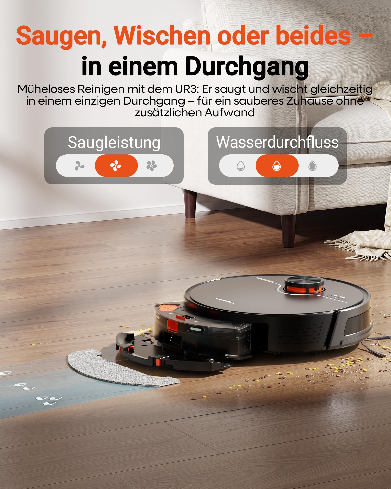 uninell Staubsauger Roboter mit Wischfunktion 8000Pa/ 200Min Laufzeit – Ansicht 5