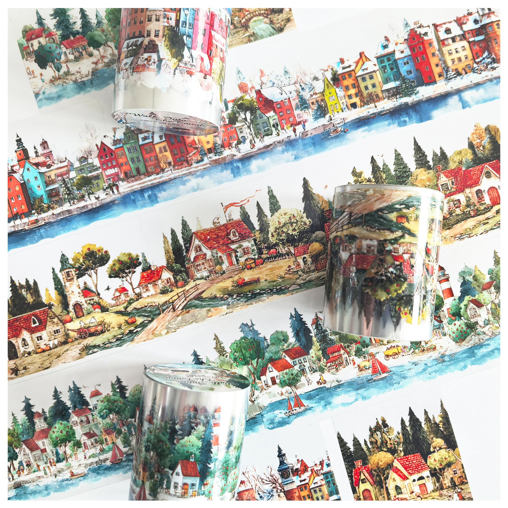 Ta Merry Washi Tape Set,3 Rolls of Flower PET Washi Tape Transparent Stickers for DIY Scrapbooks,Diaries,Bullet Diaries,Mobile Phones and Photo Albums（Town 2）