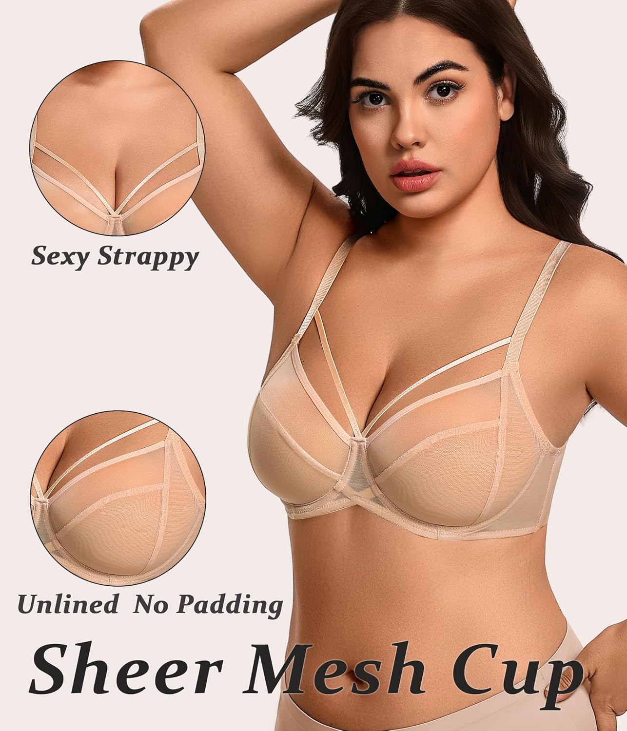 Avidlove Women's Sheer Mesh Bra Full Coverage Strappy Underwire Bras Unlined Sexy See Through Minimier Bra - Image 2