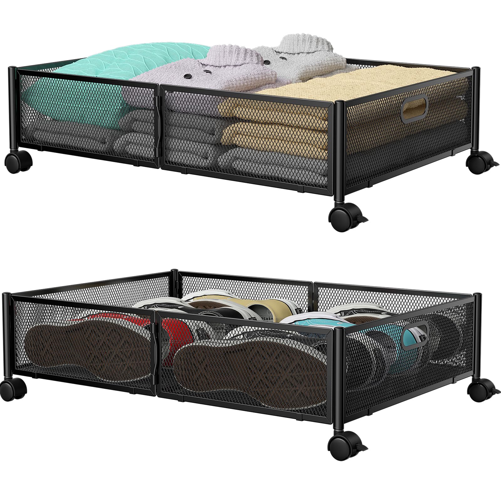 PHINOX Under Bed Storage with wheels, Under the Bed Storage Containers,Upgrade Crossed Iron Wire, Metal Rolling Underbed Storage Containers for Bedroom Clothes Shoes Blankets-2 Pack,Black