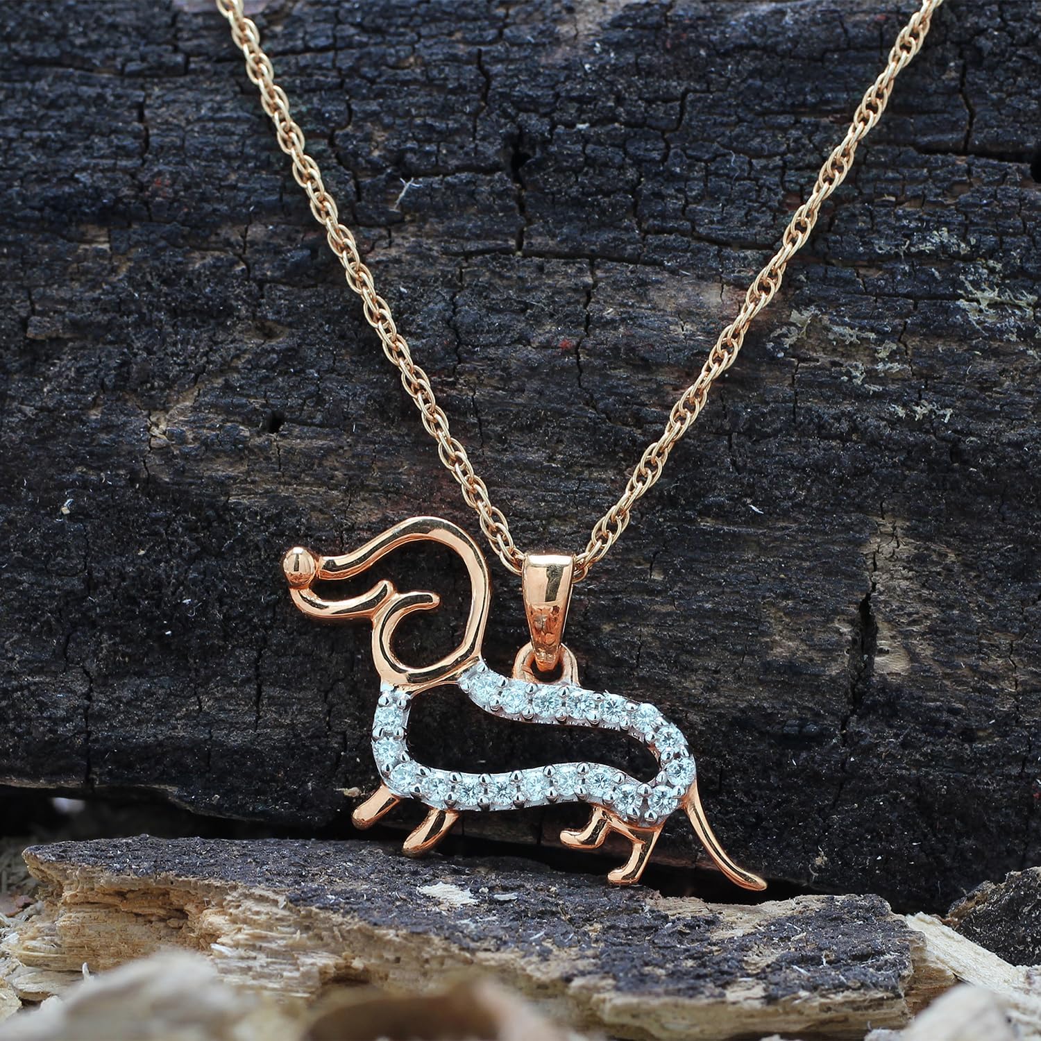 Dachshund Dog Heart Pendant Necklace For Women Round Cut White Cubic Zirconia In 14K Gold Plated Sterling Silver Jewlery Along With 18" Rope Chain
