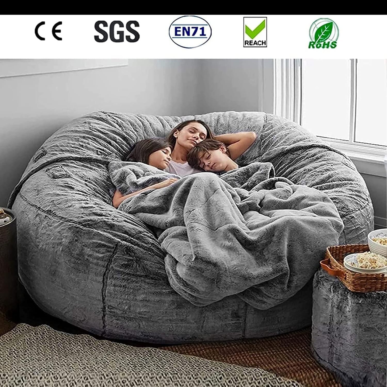 Pokrowiec Na Sofę Z Gigantyczną Torbą Fasoli, Queen Size, Szary, Miękki I Wygodny Puszysty Sztuczny Futro, Zmywalny, Do Użytku W Pomieszczeniach, Rodzina, Dzieci, Dorośli, Grey, King