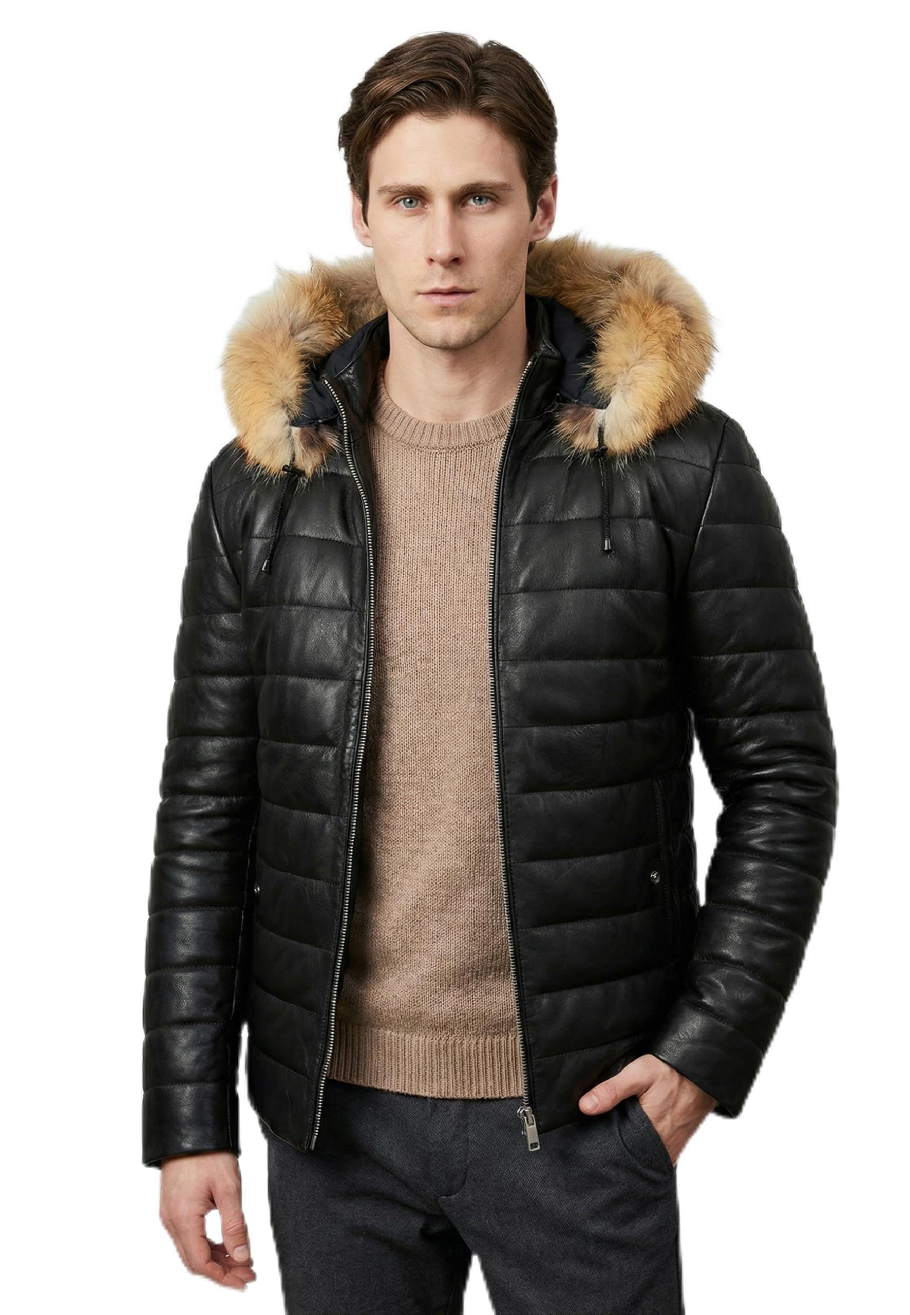 FELIX HARDY Giacca in pelle con cappuccio e cerniera, slim fit