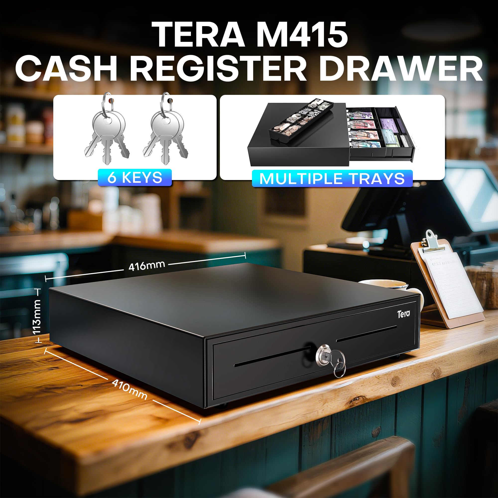 Tera Tiroir de caisse enregistreuse réglable de 40,6 cm : 4 billets 8 pièces de monnaie avec séparateurs amovibles, 6 clés, ouverture automatique, verrouillage par clé, interface RJ12, fente média