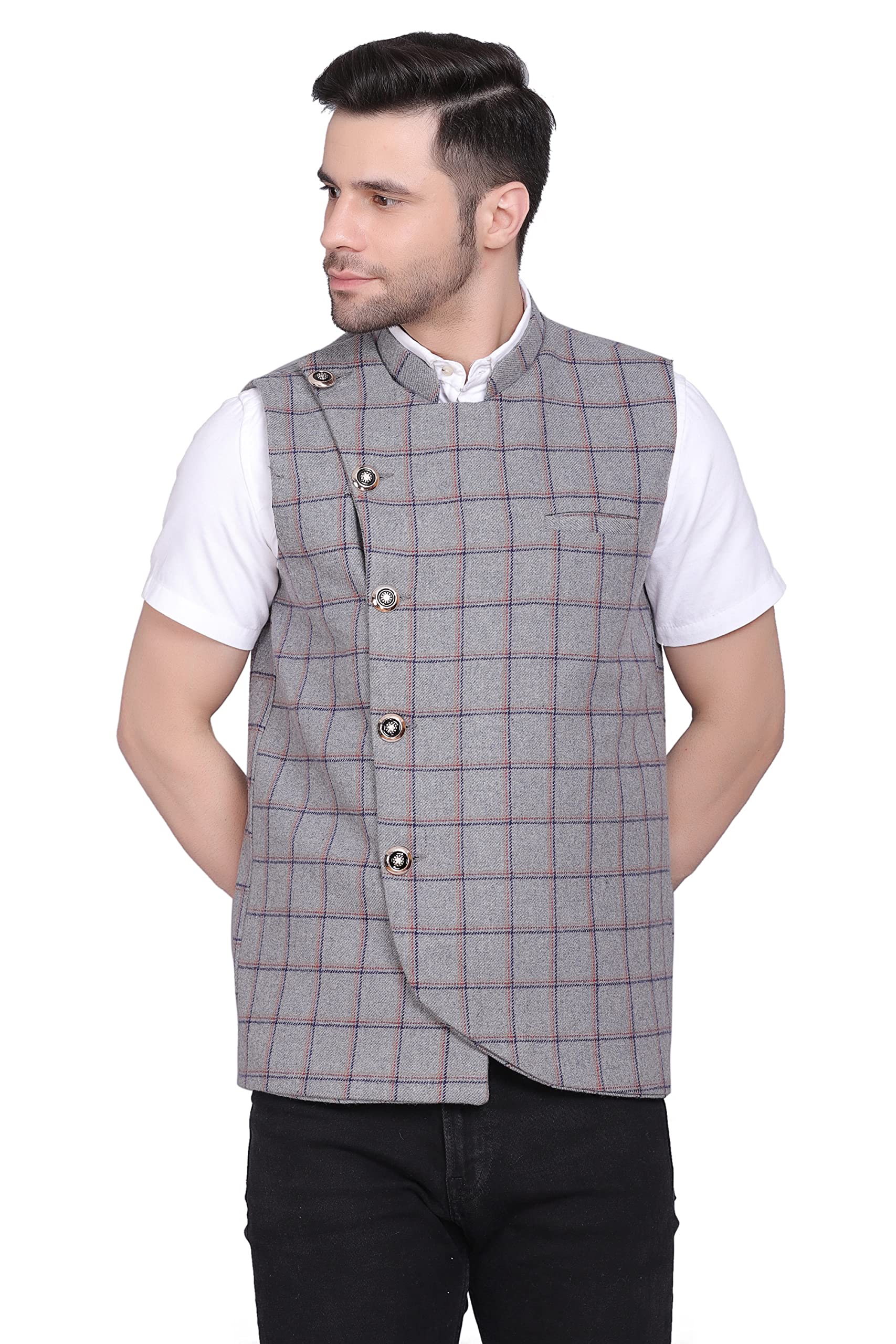 clothink india Men's Tweed Bandhgala Wool Festive and Casual Nehru Jacket Vest Waistcoat (SOLID RED, BLUE, GEAY, CHECKS GRAY AND WHITE)-picture-36