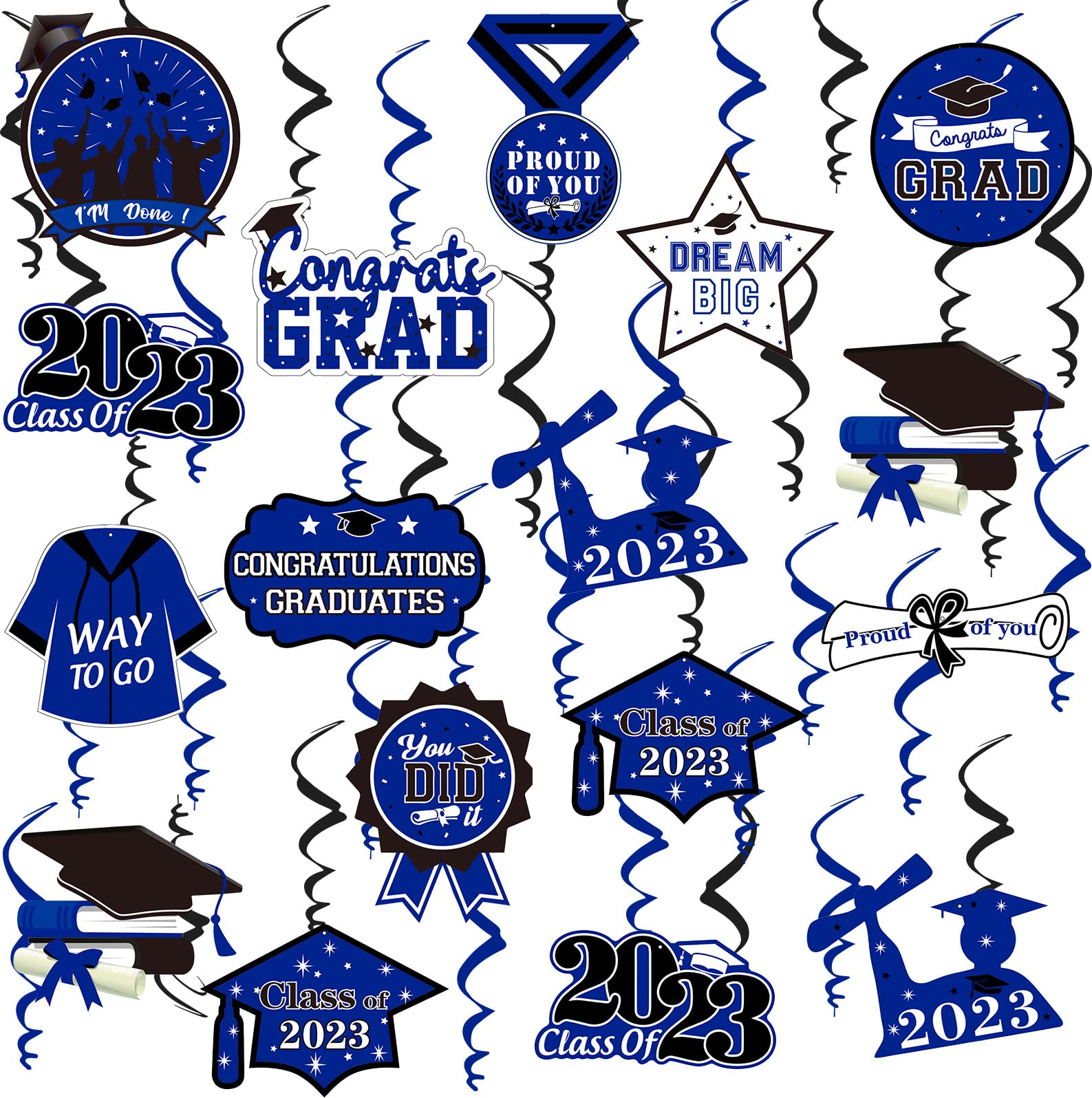 Photo 1 of 37PCS Graduation Hanging Swirls Decorations, Navy Blue and Black Decorations Foil Swirls Kit, Graduation Swirls for Graduation Party Decorations, Graduation Hanging Decorations 2023 - No DIY