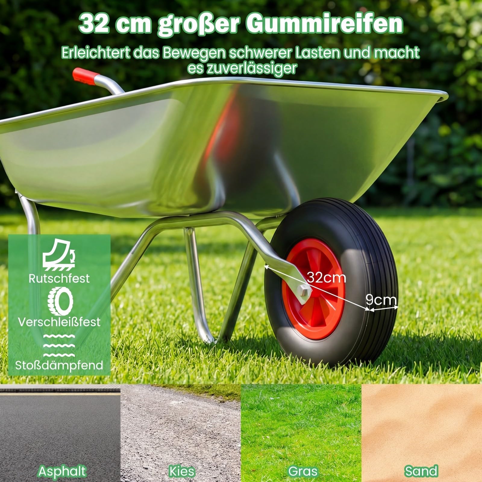 COSTWAY Schubkarre aus verzinktem Metall, 32 cm Gummireifen, Bauschubkarre mit 2 Griffen, Gartenschubkarre bis 136 kg, Schiebkarre Kippwagen Garten, Silber